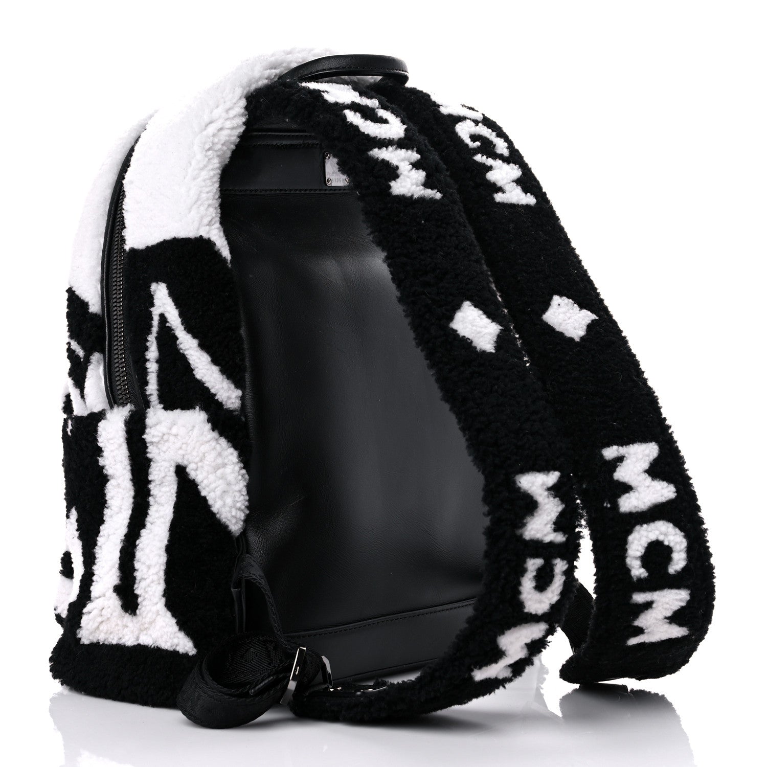 MCM Shearling Contrast Logo Stark Backpack Black White 3 of 13