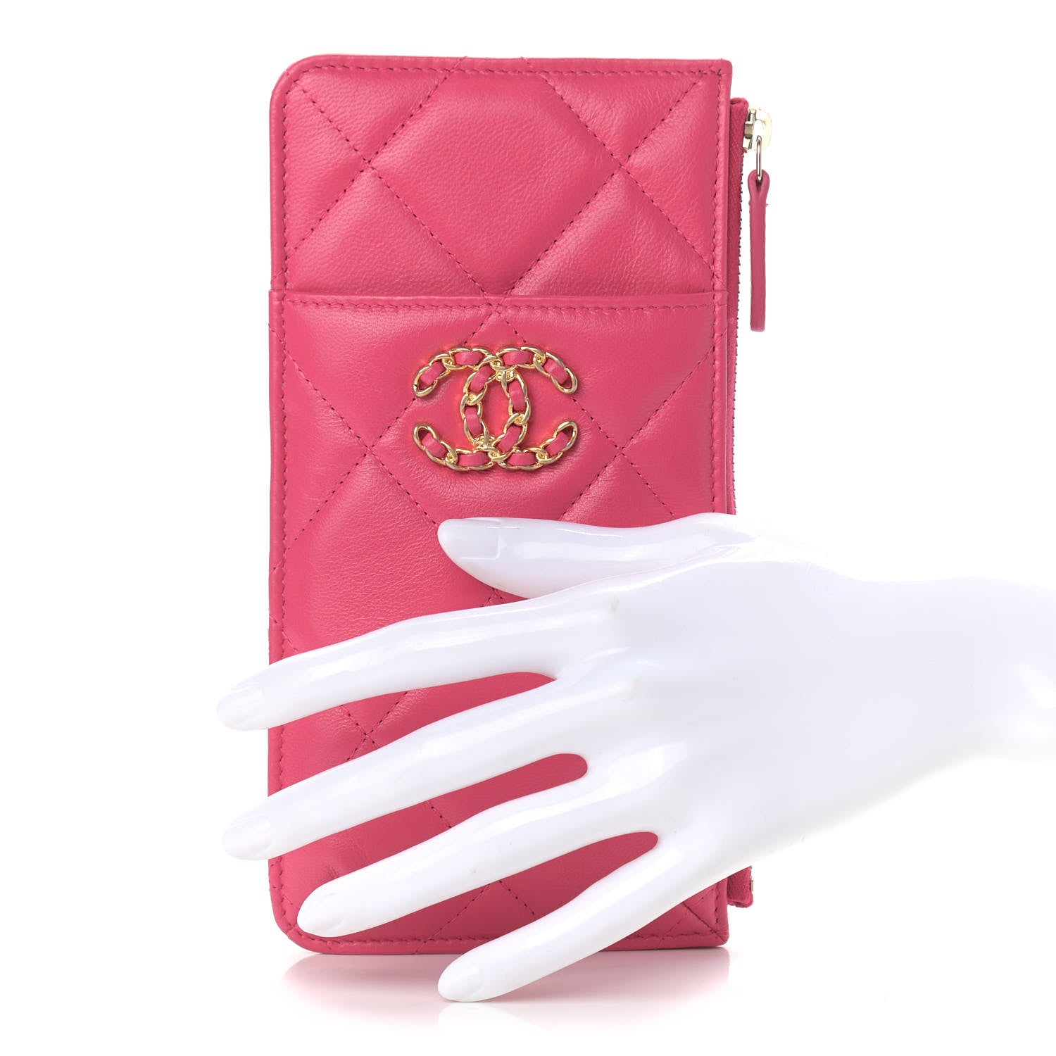 Chanel Shiny Goatskin Quilted Chanel 19 Flat Wallet Pouch Dark Pink 2 of 7