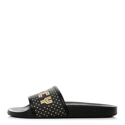 Gucci X SEGA Supreme Canvas GUCCY Stars Womens Slide Sandals 39 Black Gold 1 of 10