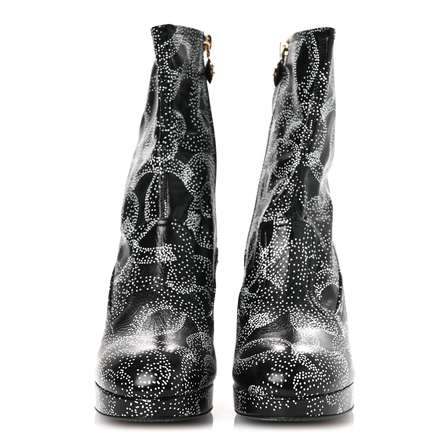 Calfskin Camellia Printed Ankle Boots 38.5 Black White