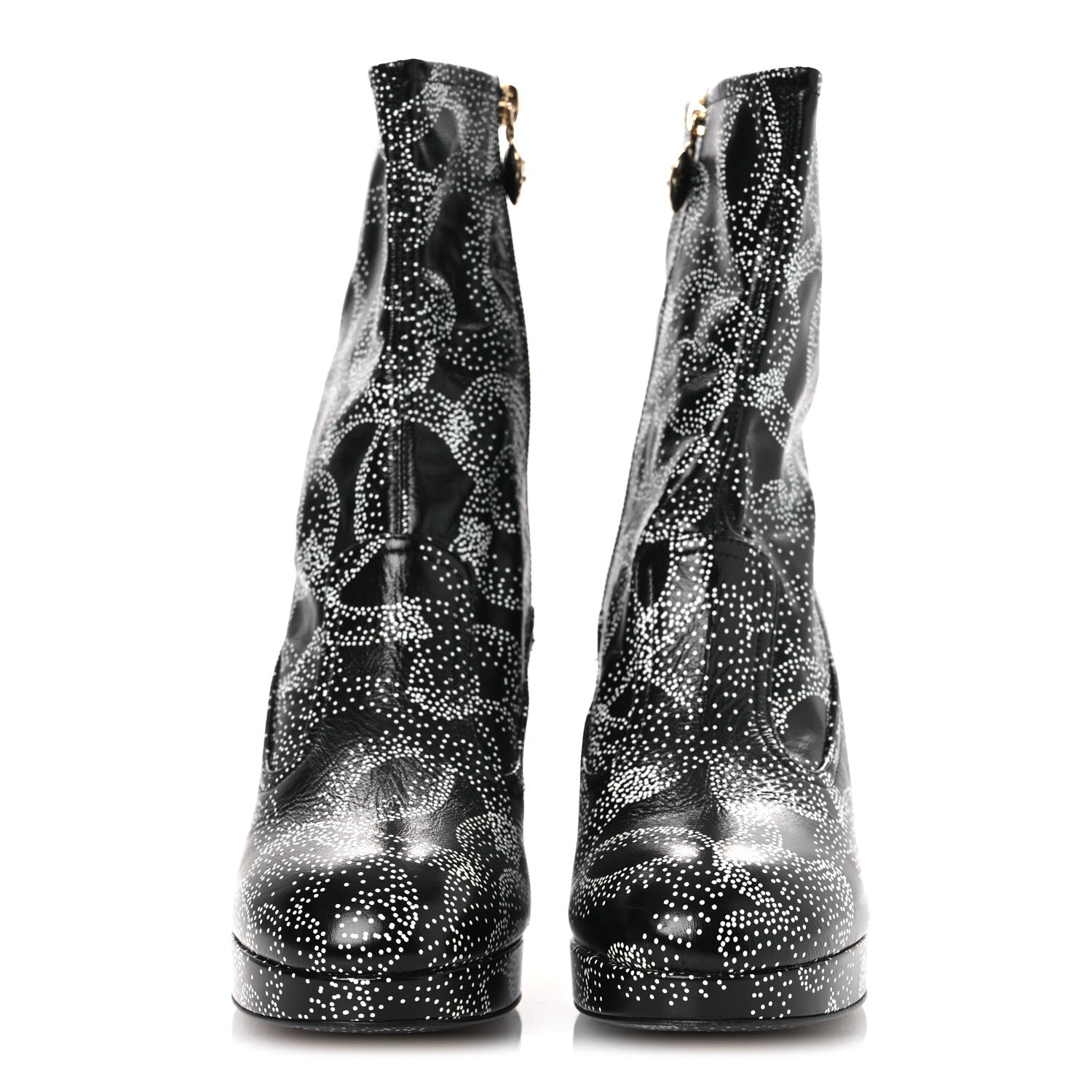 Chanel Calfskin Camellia Printed Ankle Boots 38.5 Black White 3 of 11