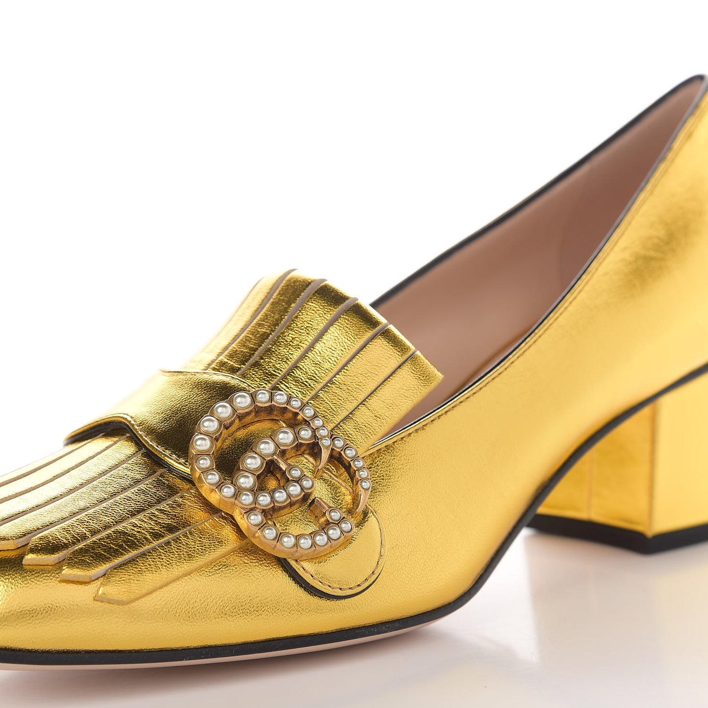 Metallic Nappa Pearly GG Marmont Fringe 50mm Loafer Pumps 37.5 Oro Vecchio
