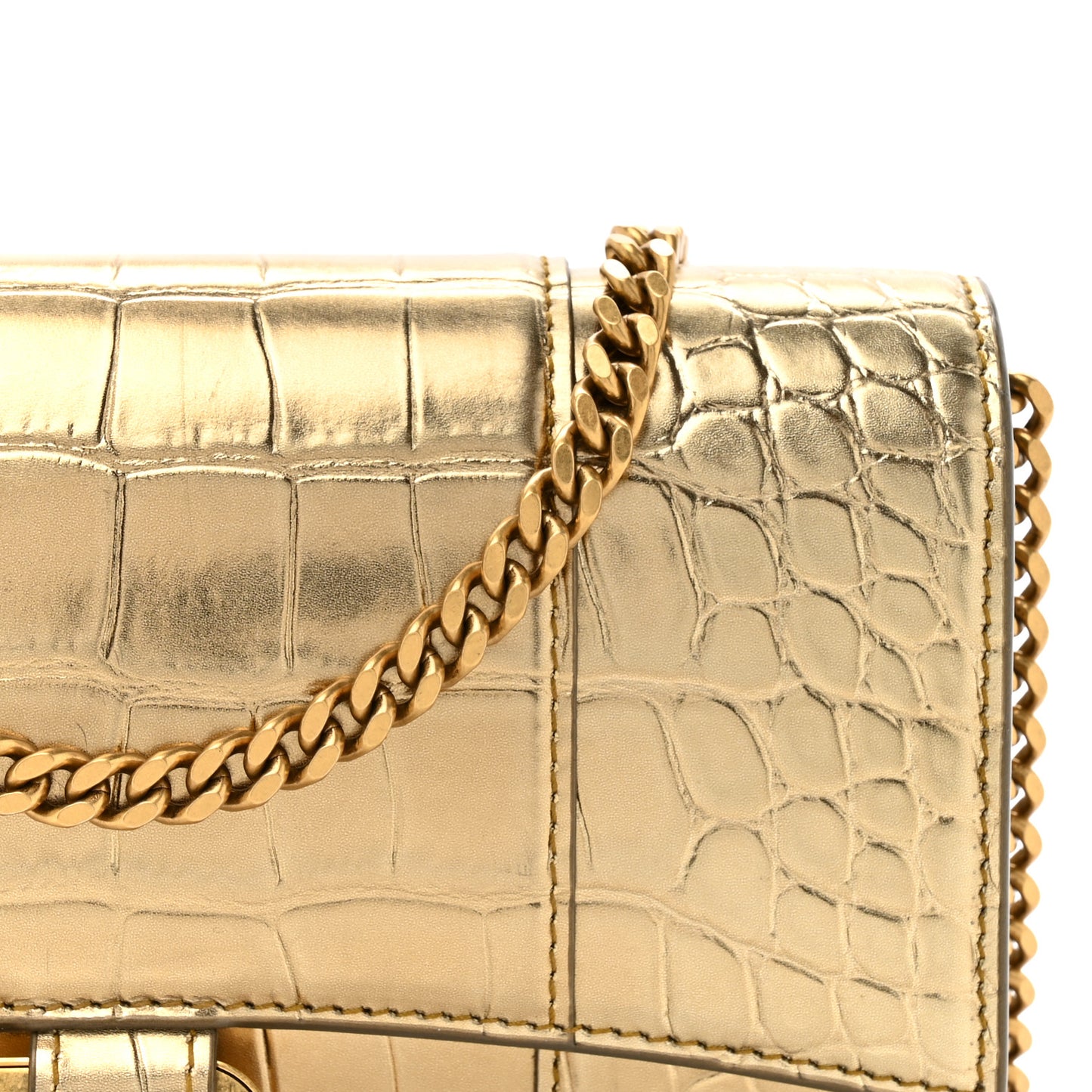 Metallic Calfskin Crocodile Embossed Hourglass Chain Bag Gold