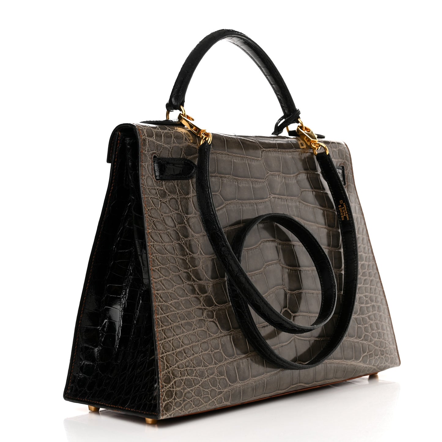 Shiny Alligator Kelly Sellier 32 Miel Gris Fonce Black