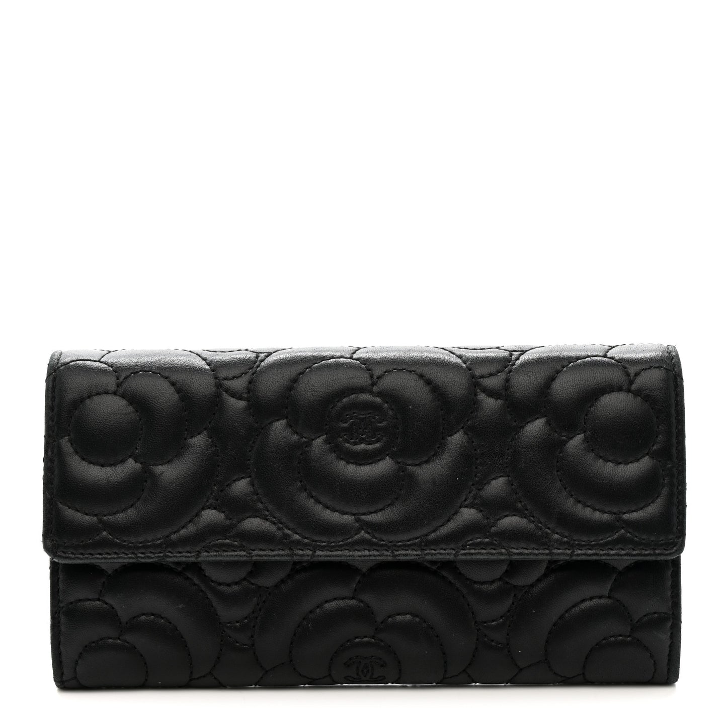 Lambskin Embossed Camellia Flap Wallet Black