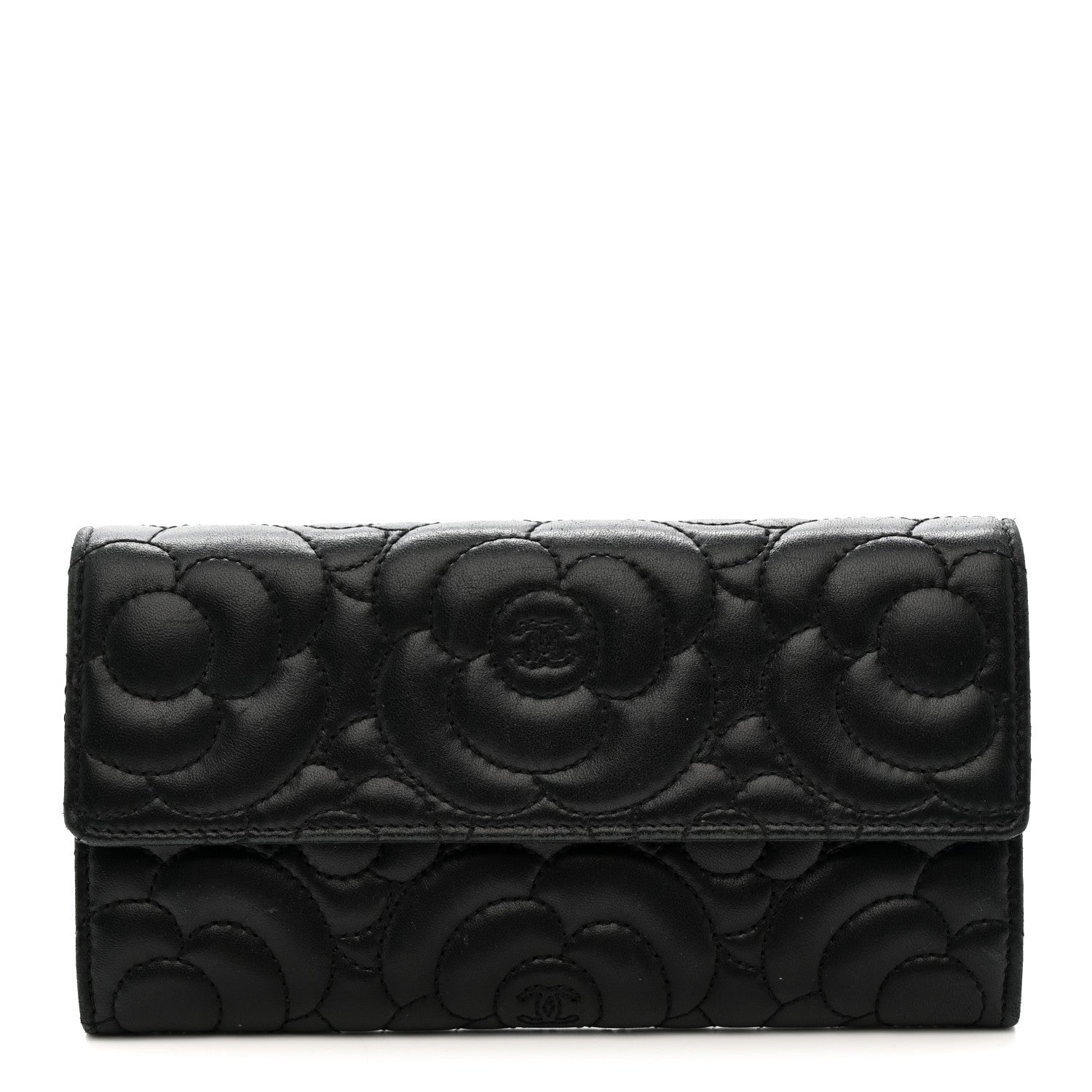Chanel Lambskin Embossed Camellia Flap Wallet Black 1 of 9