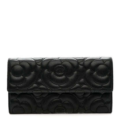 Chanel Lambskin Embossed Camellia Flap Wallet Black 1 of 9