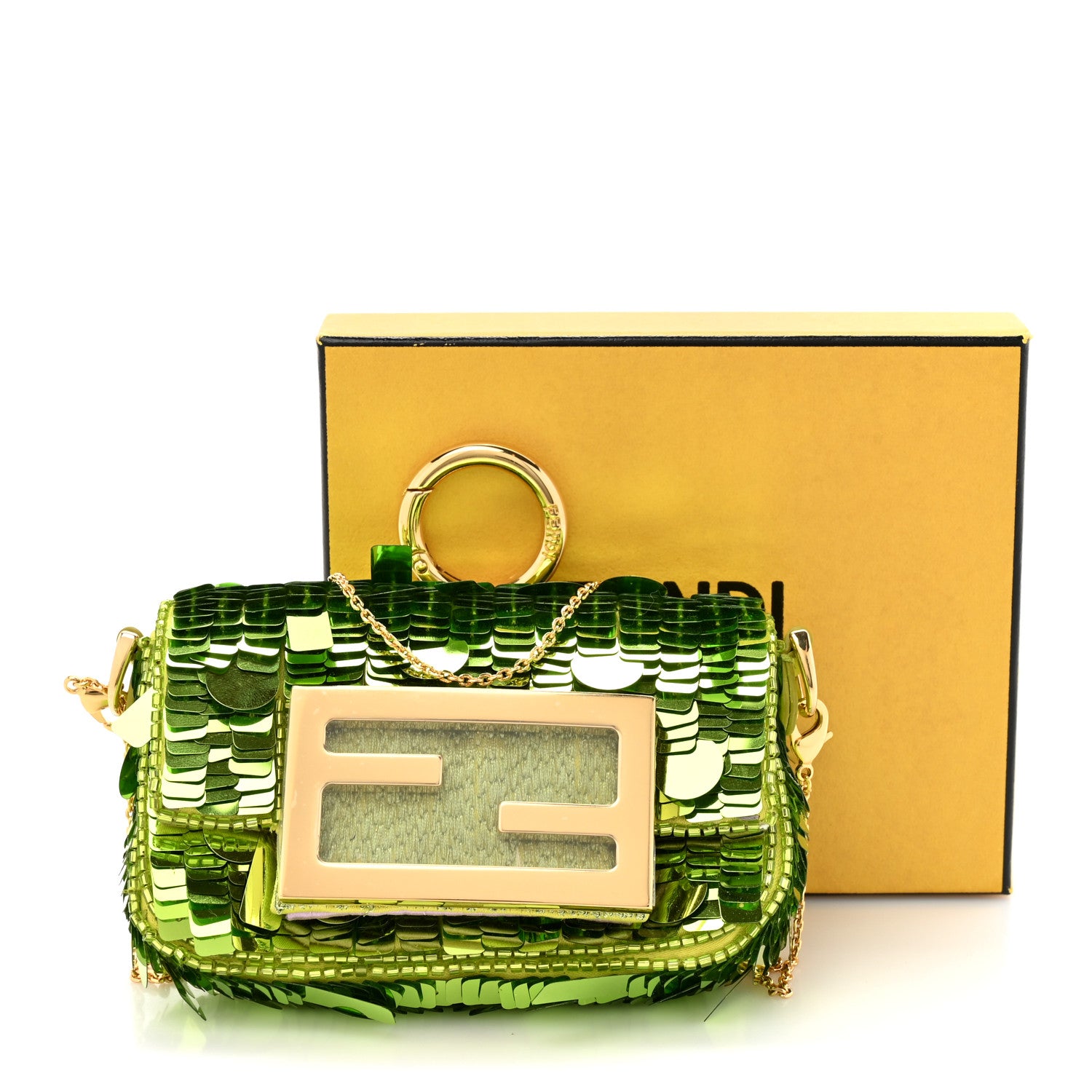 Fendi Sequin Paillettes Shiny Nappa Sex and the City Nano Maxi Buckle Baguette Charm Wasabi 12 of 12