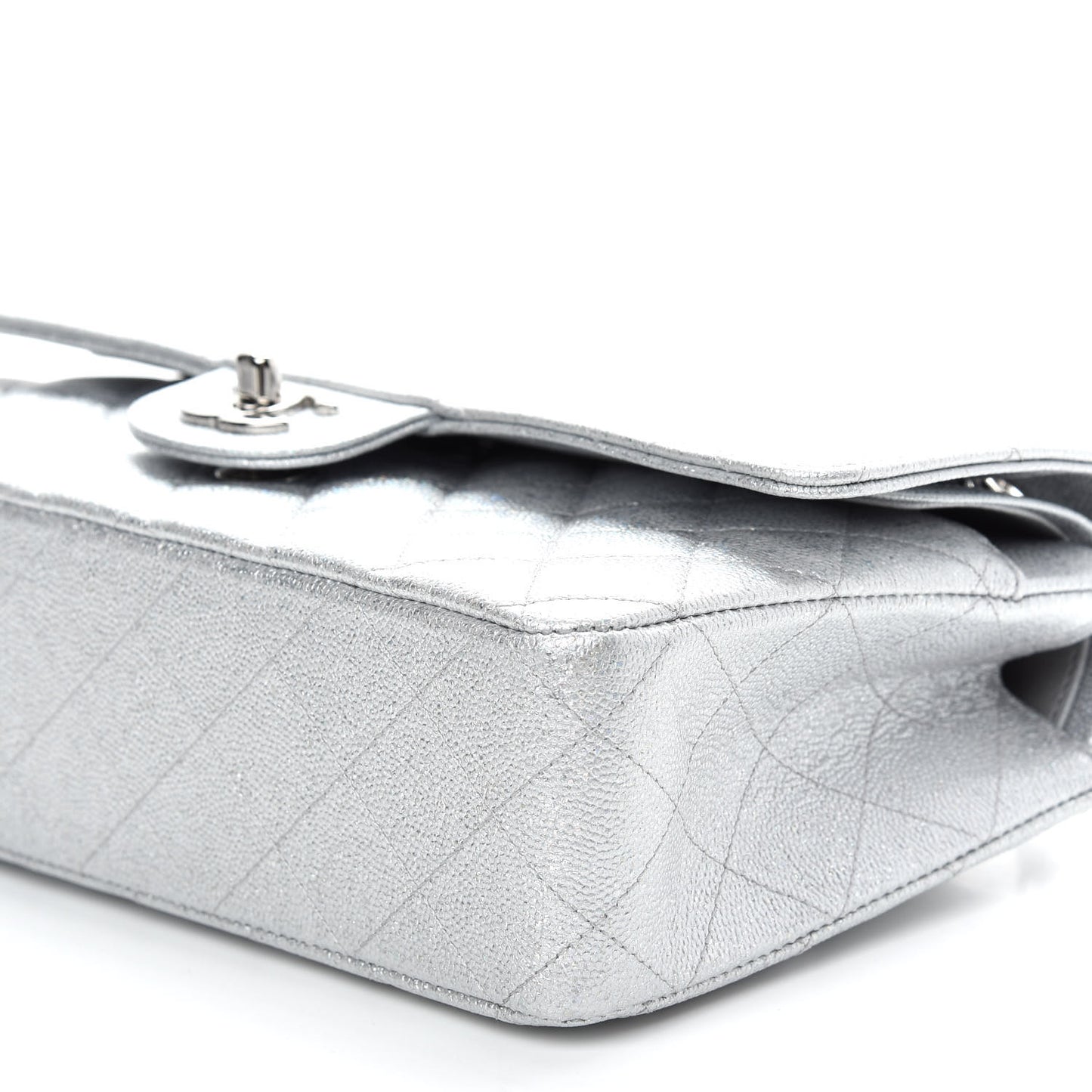 Glittered Metallic Caviar Quilted Medium Double Flap Silver