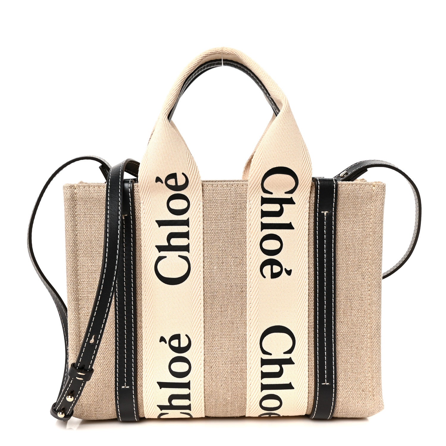 Chloe Cotton Calfskin Small Woody Ribbon Tote With Strap White Navy 1 of 11