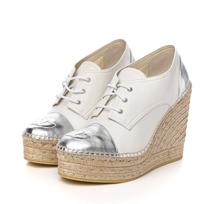 Gucci Metallic Calfskin Pilar Cap Toe Logo Espadrille Wedge Sneakers 40.5 White Silver 3 of 9