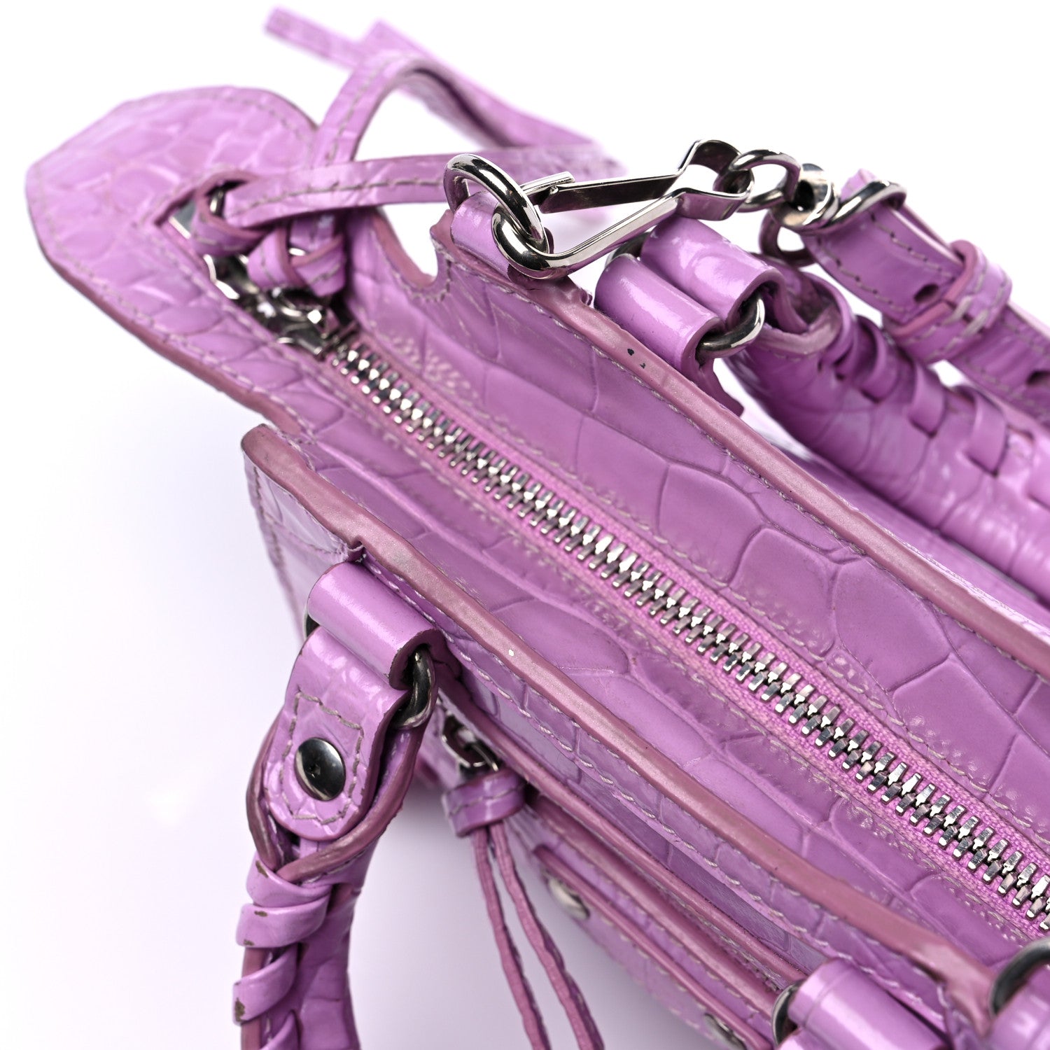 Balenciaga Calfskin Crocodile Embossed Neo Classic Silver Hardware Nano City Crossbody Lilac 11 of 14