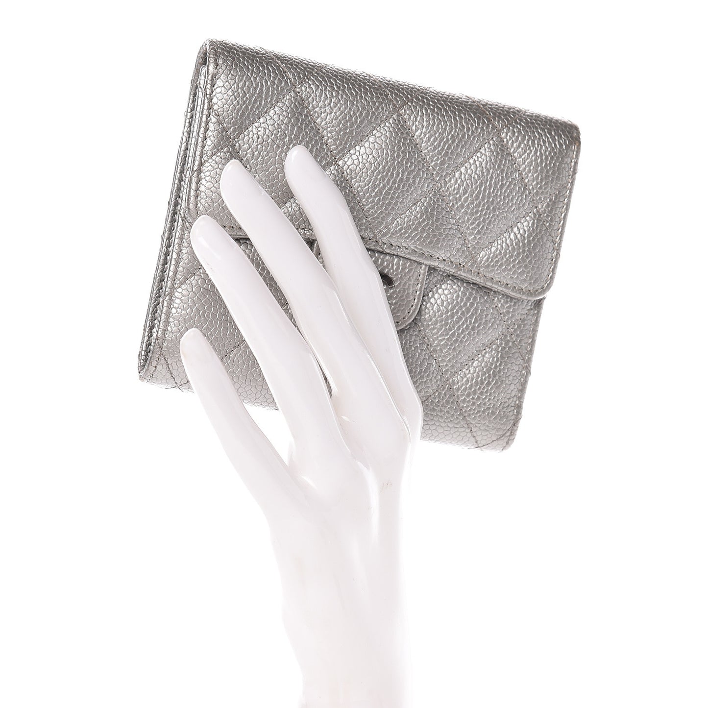 Metallic Caviar Quilted Compact Flap Wallet Silver