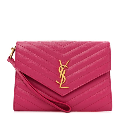 Saint Laurent Grain De Poudre Matelasse Chevron Monogram Envelope Clutch Fuchsia 1 of 10
