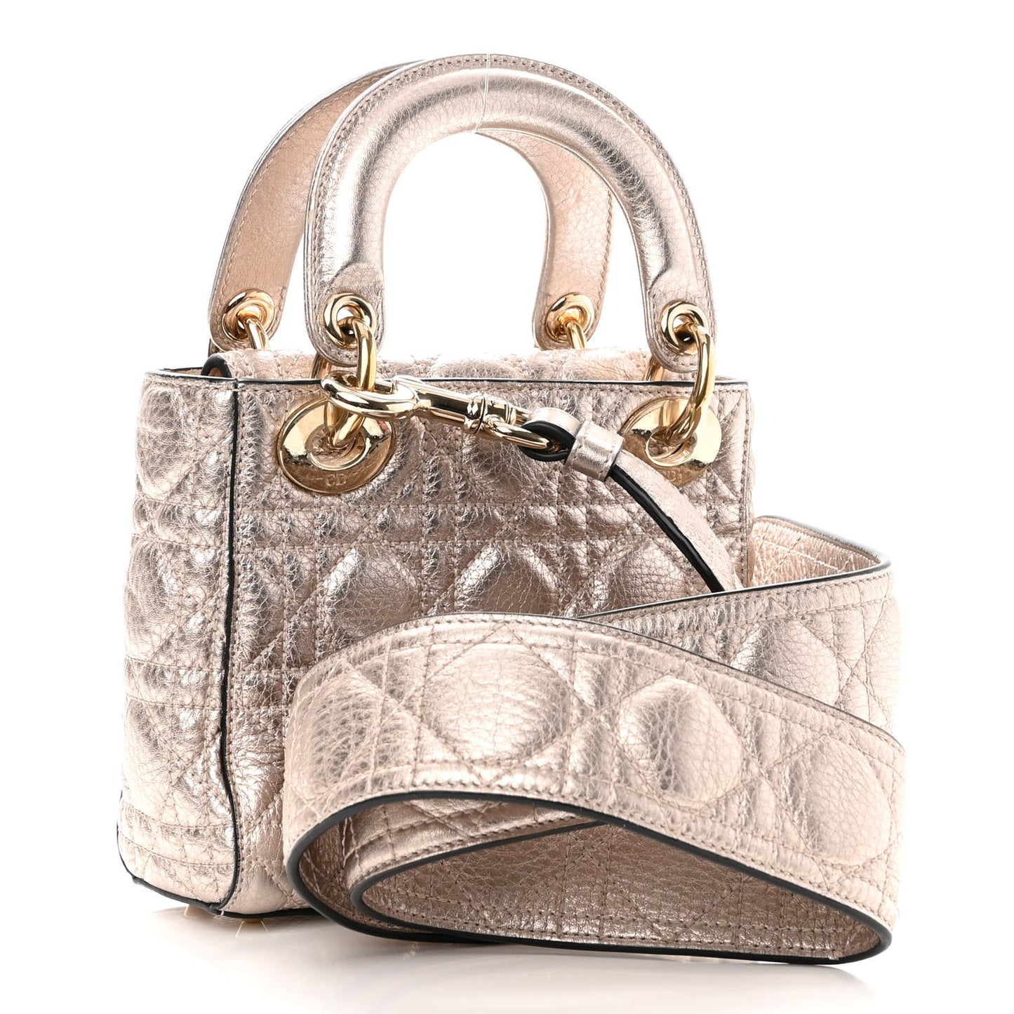 Metallic Lambskin Cannage Mini Lady Dior Pink