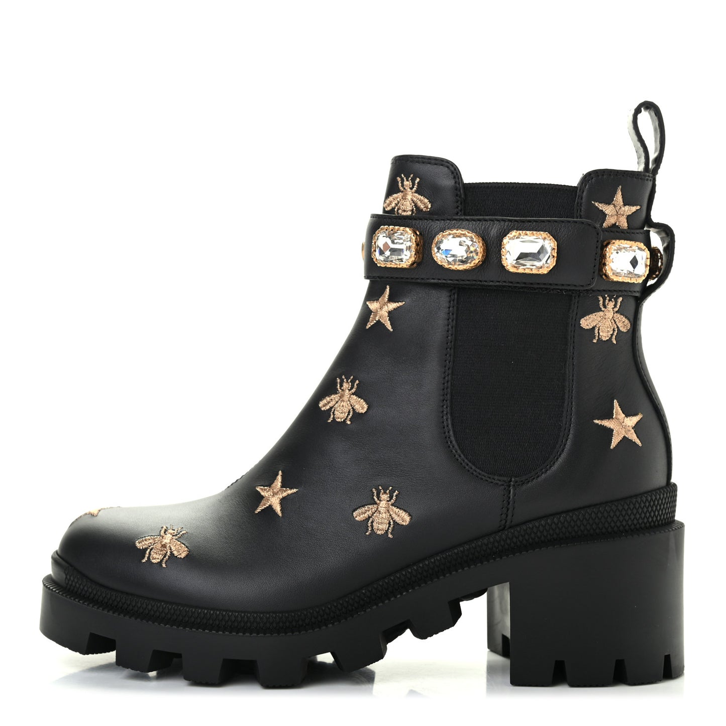 Calfskin Bee Star Embroidered Belt Ankle Boots 36 Black