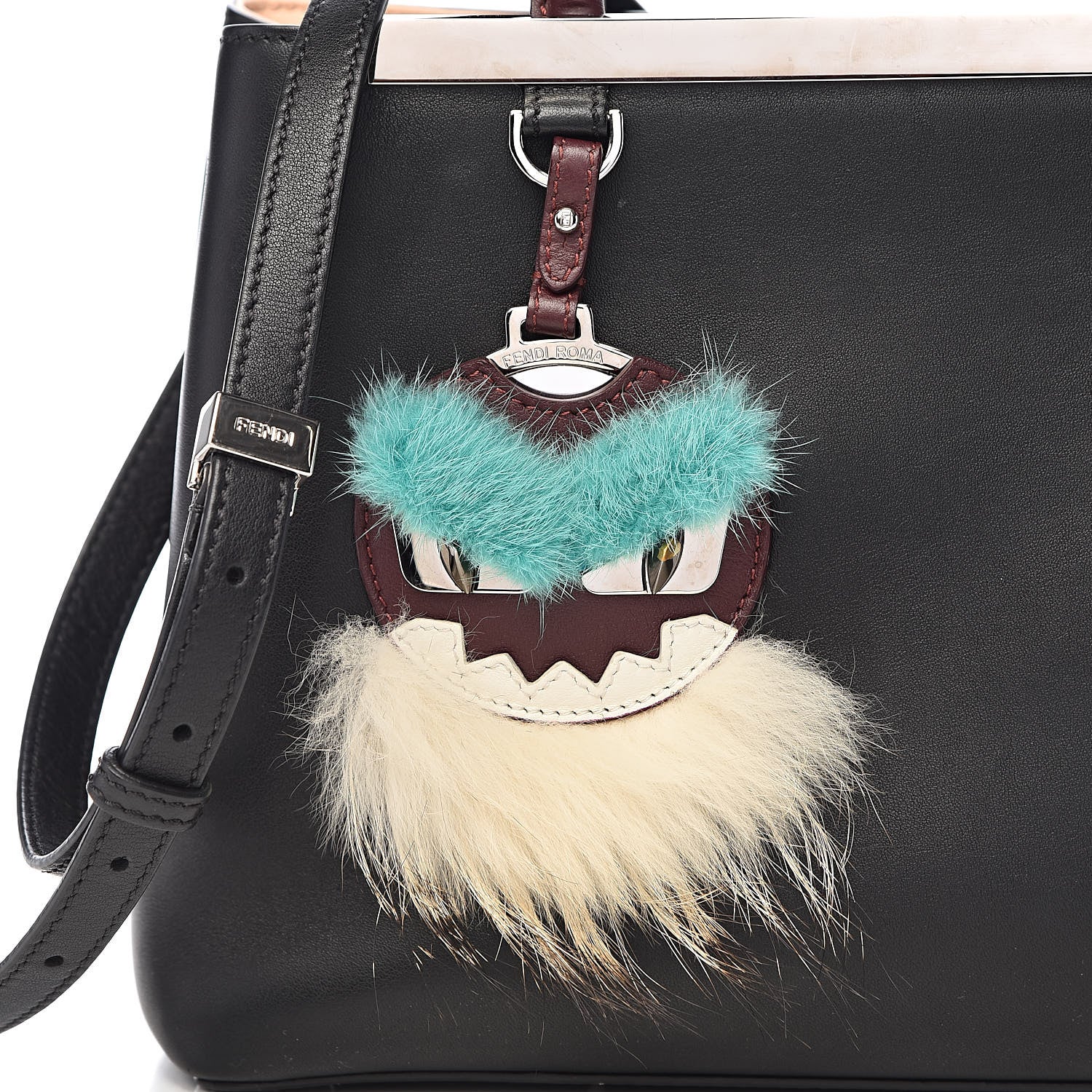 Fendi Vitello Dolce Fox Mink Bi-Color Monster Mirror Charm Petite 2Jours Tote Black Bordeaux Acquamarine 13 of 13