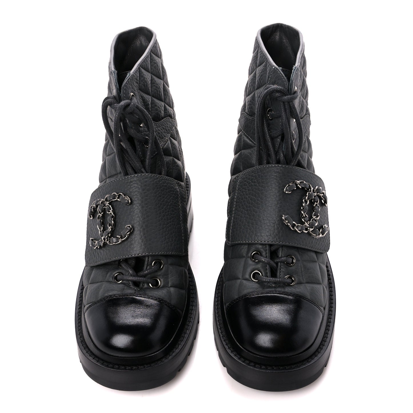 Calfskin Shiny Calfskin Quilted Lace Up Combat Boots 35 Dark Grey Black