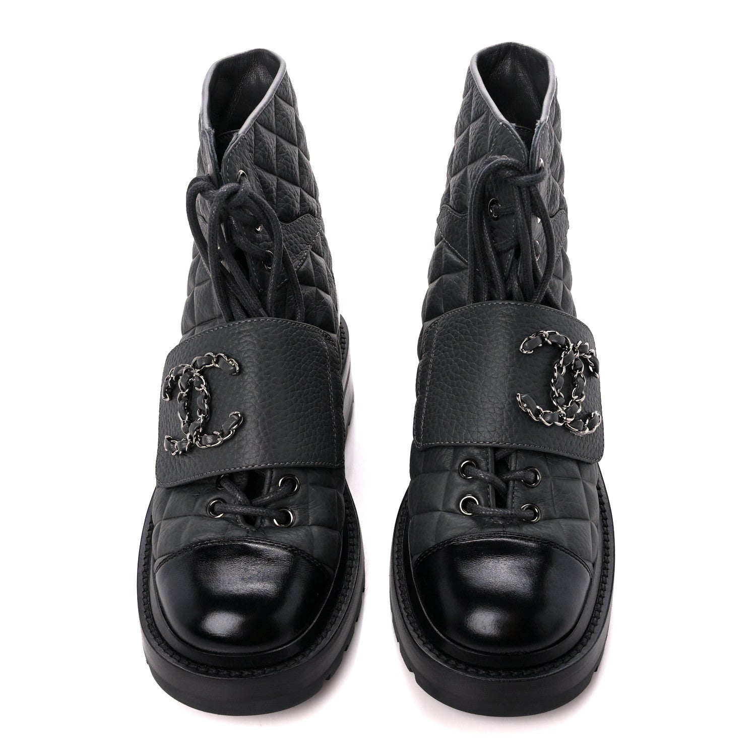 Chanel Calfskin Shiny Calfskin Quilted Lace Up Combat Boots 35 Dark Grey Black 2 of 10