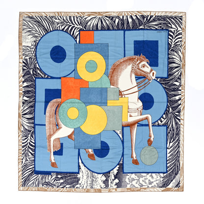 Hermes Cashmere Silk Cavaliere En Formes Shawl 140 Bleu Jaune Orange 1 of 4
