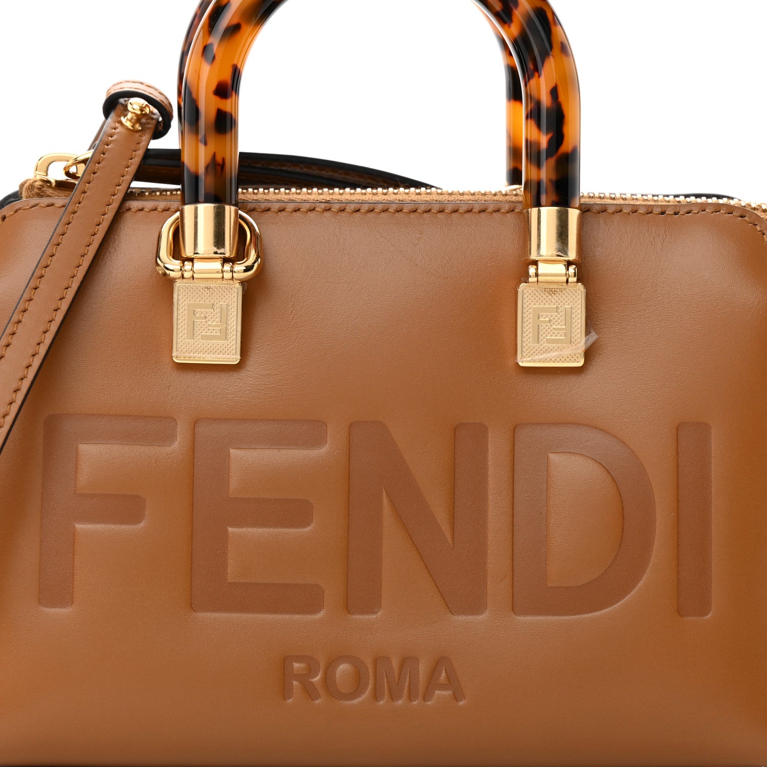 Fendi Vitello King Plexiglass Logo Embossed Mini By The Way Top Handle Boston Bag Caramello 8 of 14