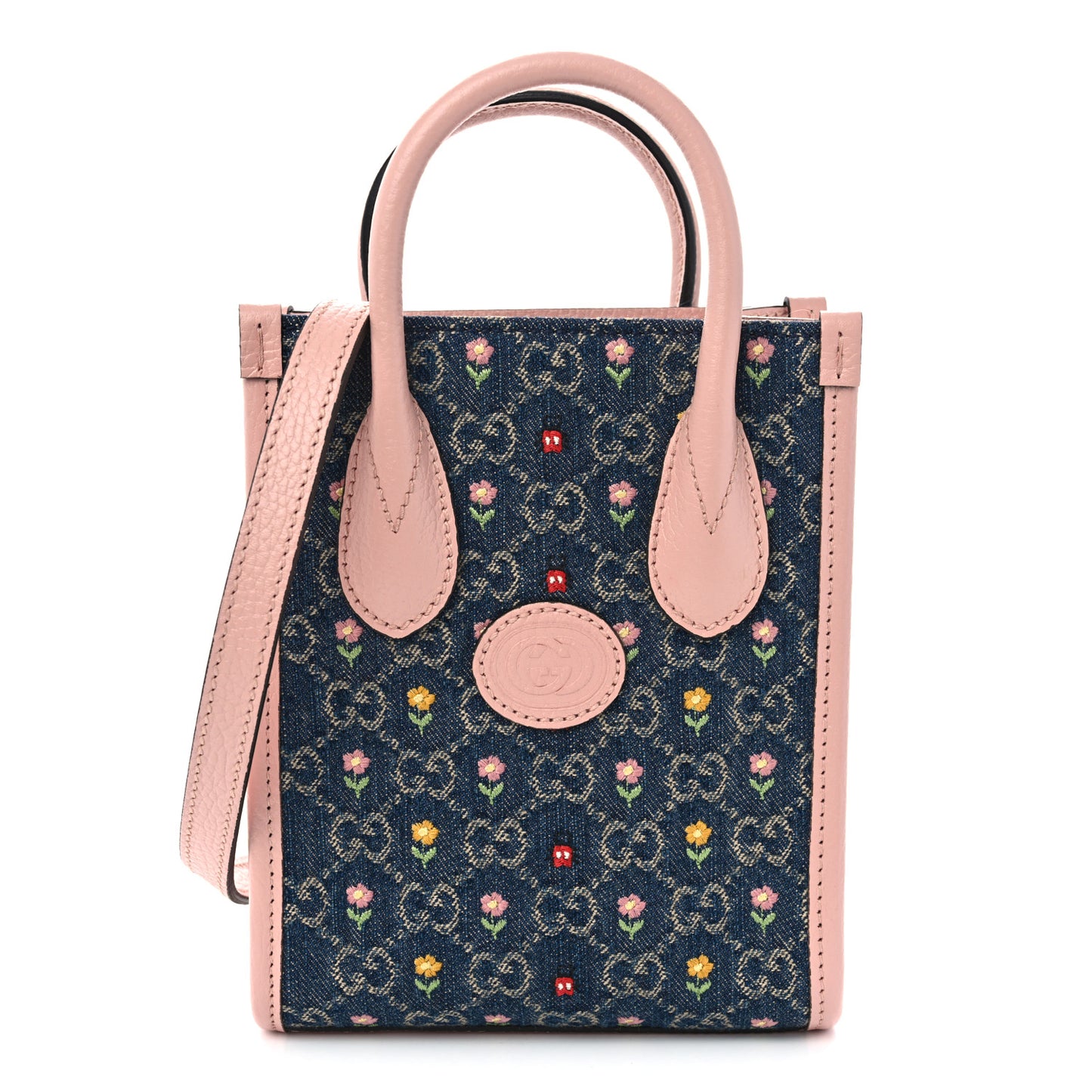 Denim Dollar Calfskin GG Monogram Mini Retro Interlocking G Tote Bag Blue Tea Multicolor Powder Pink