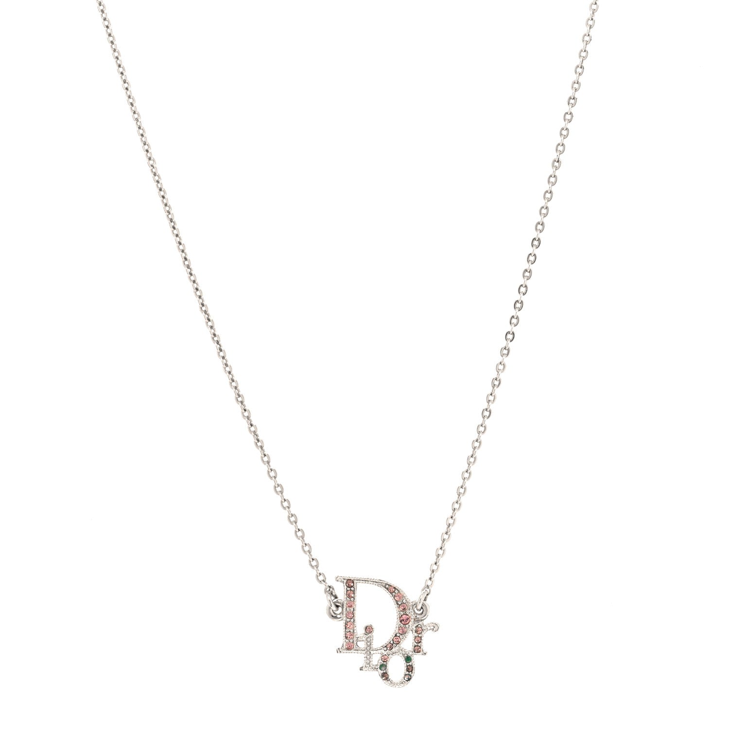 Christian Dior Metal Crystal Logo Choker Necklace Silver Pink 1 of 5