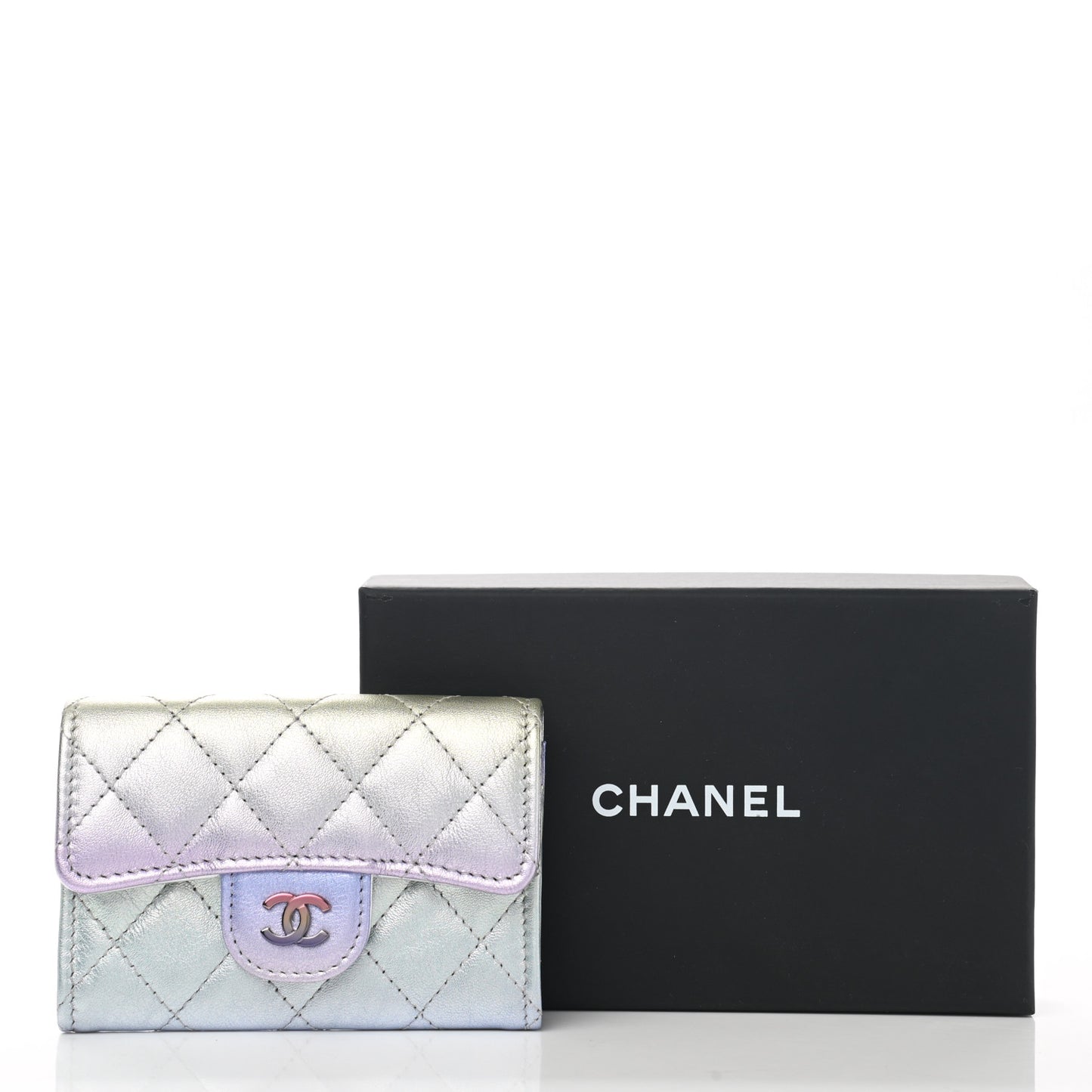 Gradient Metallic Calfskin Quilted Flap Card Holder Wallet Silver Blue Yellow Purple