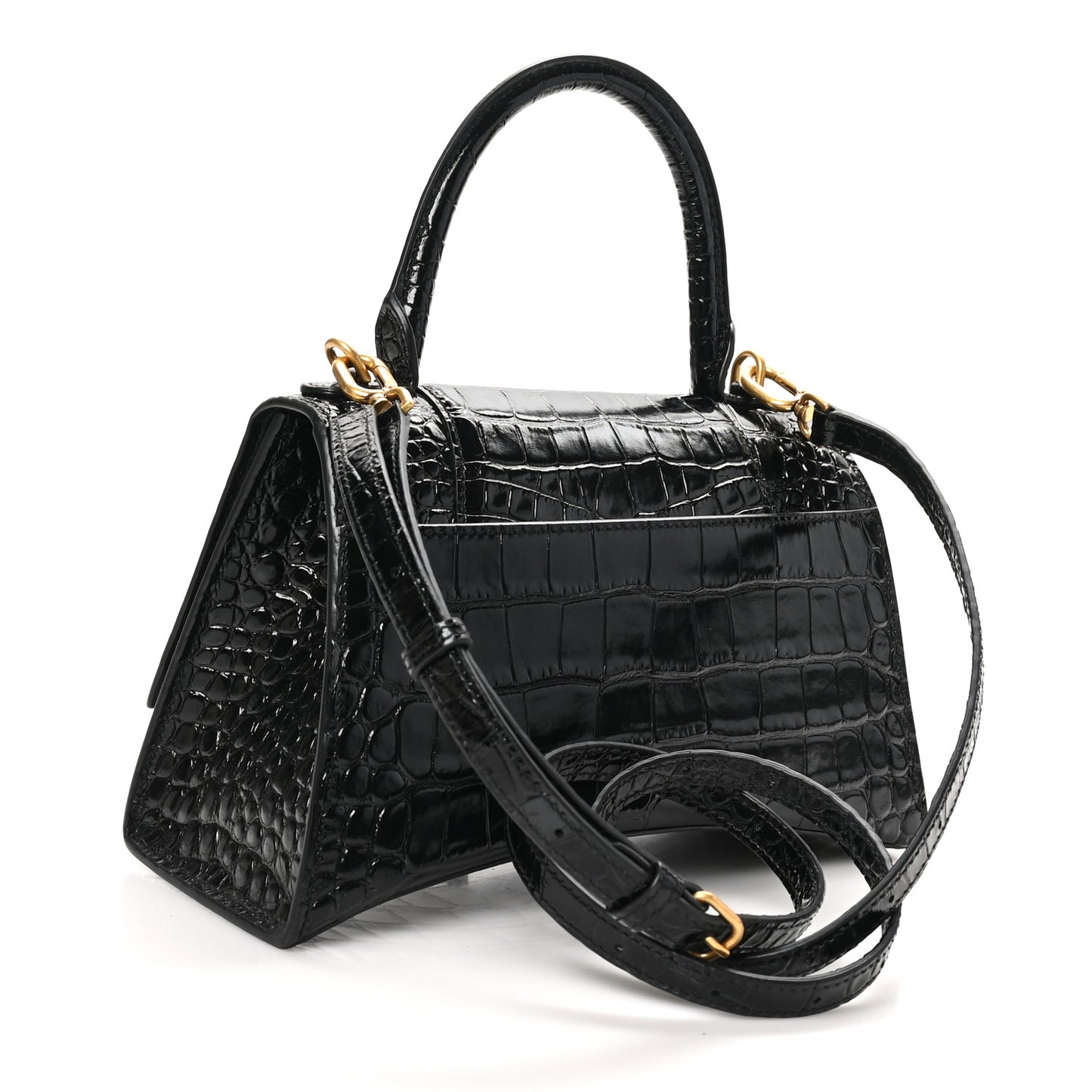 Shiny Calfskin Crocodile Embossed Small Hourglass Top Handle Bag Black