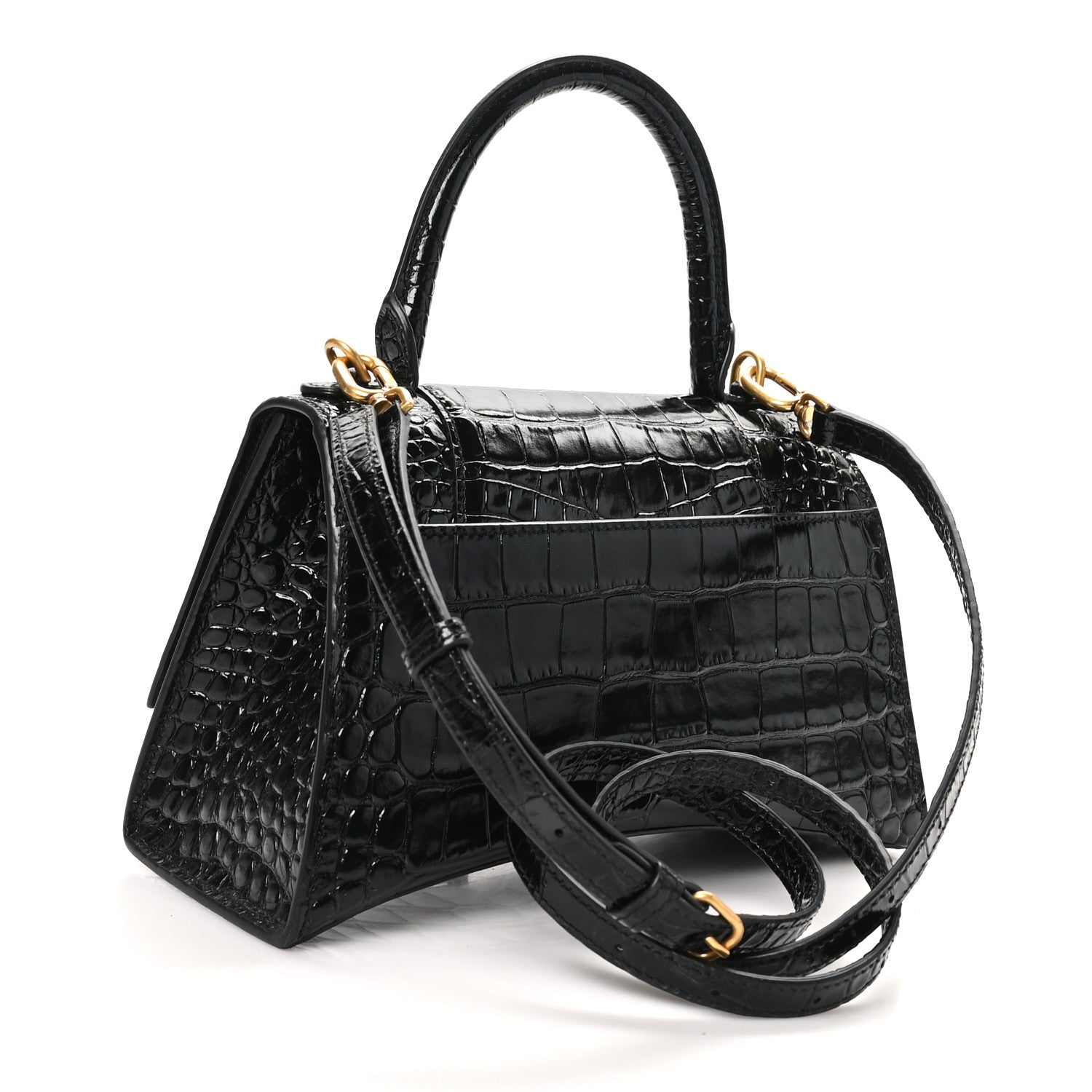 Balenciaga Shiny Calfskin Crocodile Embossed Small Hourglass Top Handle Bag Black 3 of 11