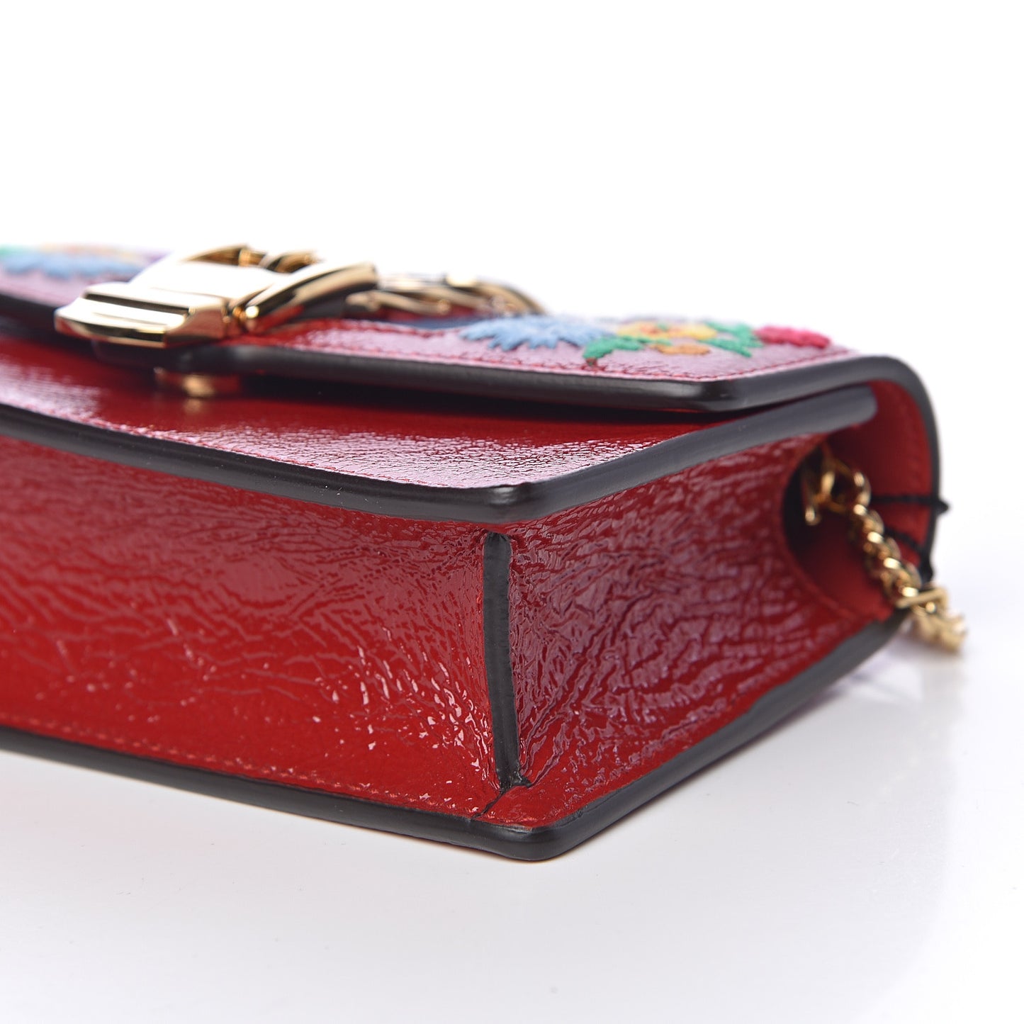 Patent Embroidered Super Mini Sylvie Chain Shoulder Bag Hibiscus Red