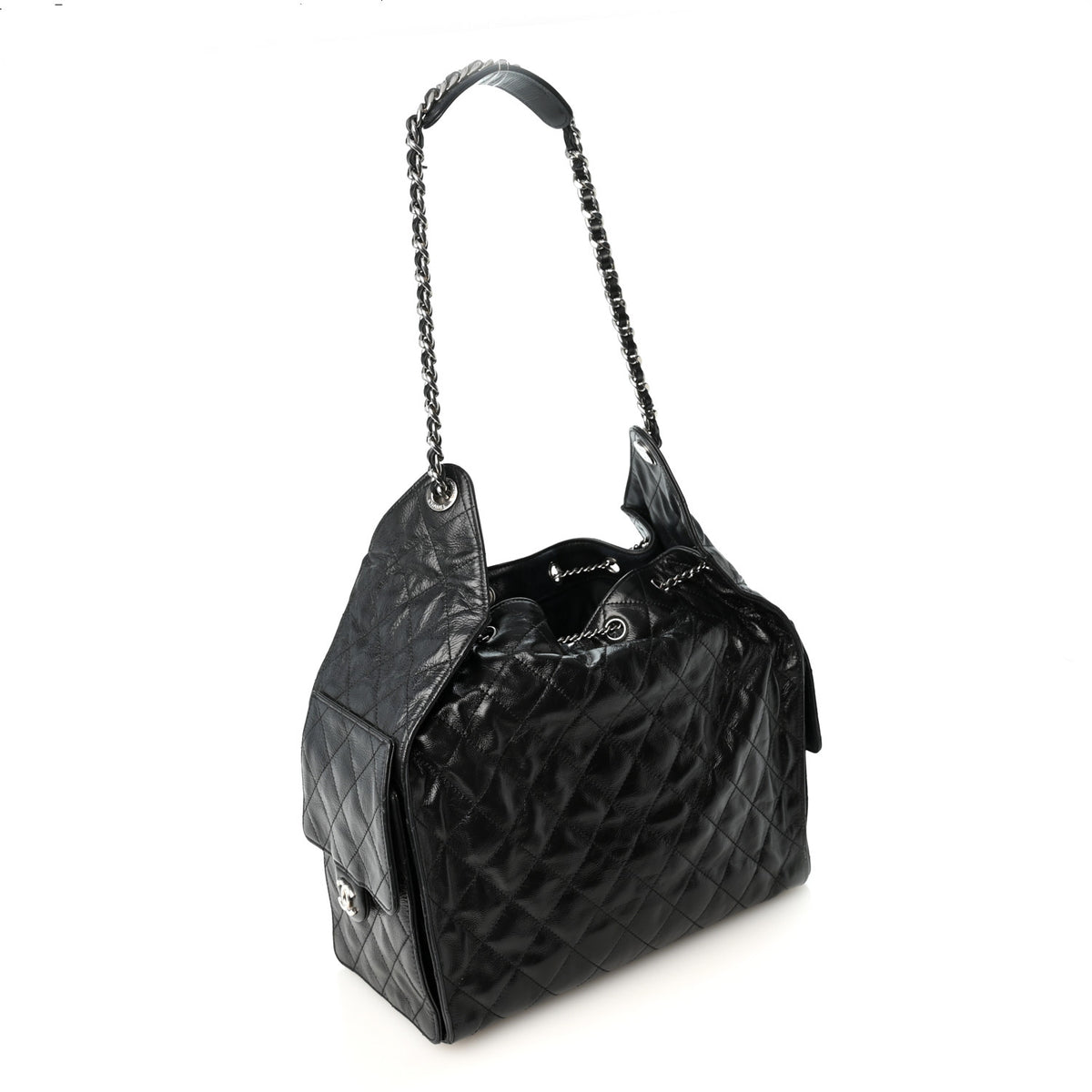 Shiny Crumpled Calfskin Quilted Medium Chanel 25 Handbag Black