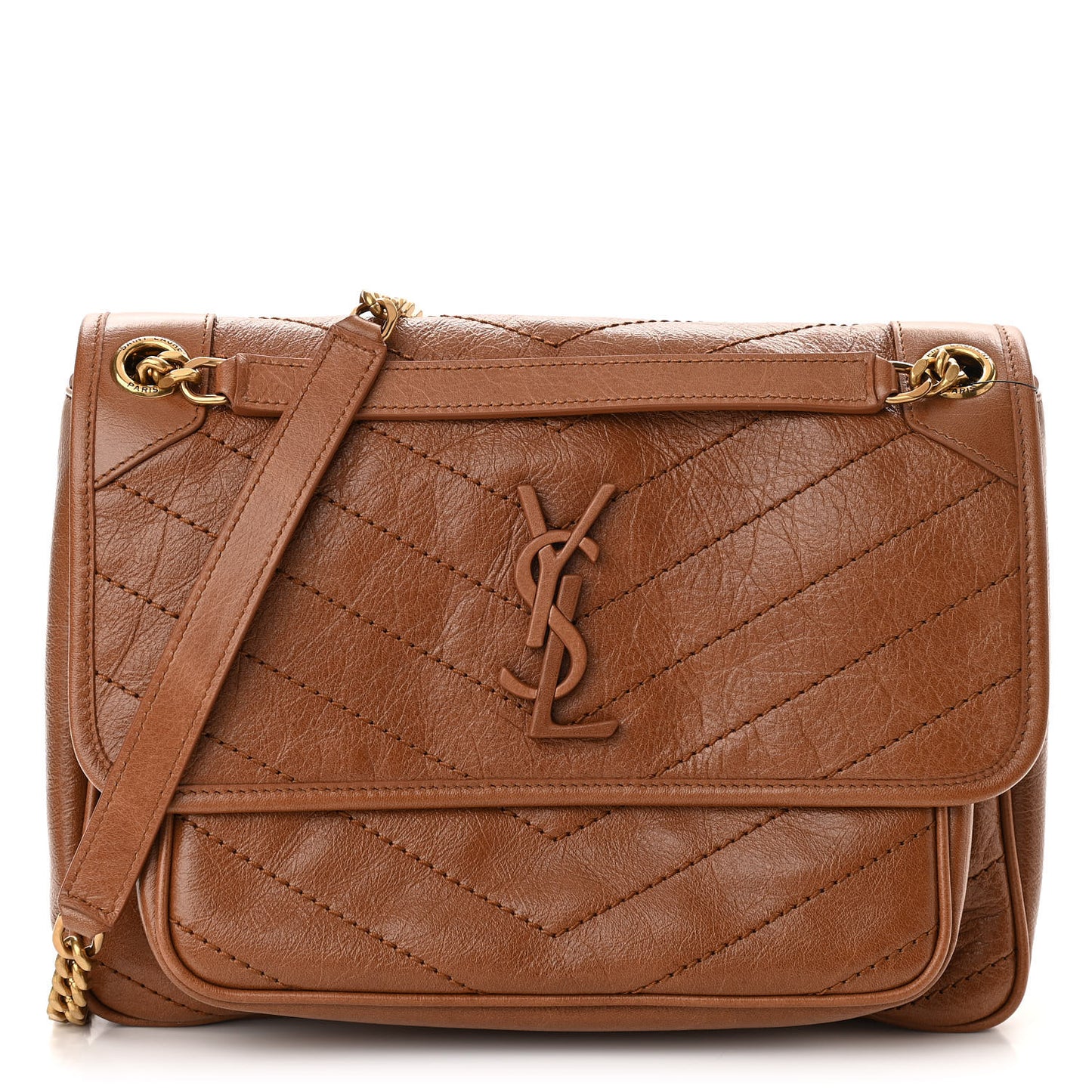 Crinkled Calfskin Matelasse Monogram Medium Niki Chain Satchel Caramel