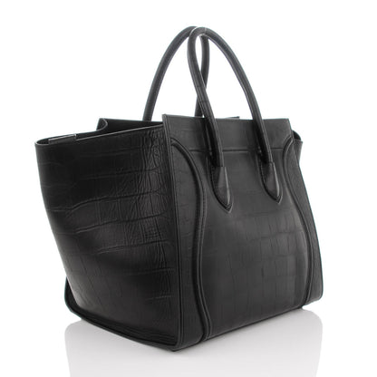 Celine Crocodile Embossed Calfskin Medium Phantom Luggage Black 3 of 7