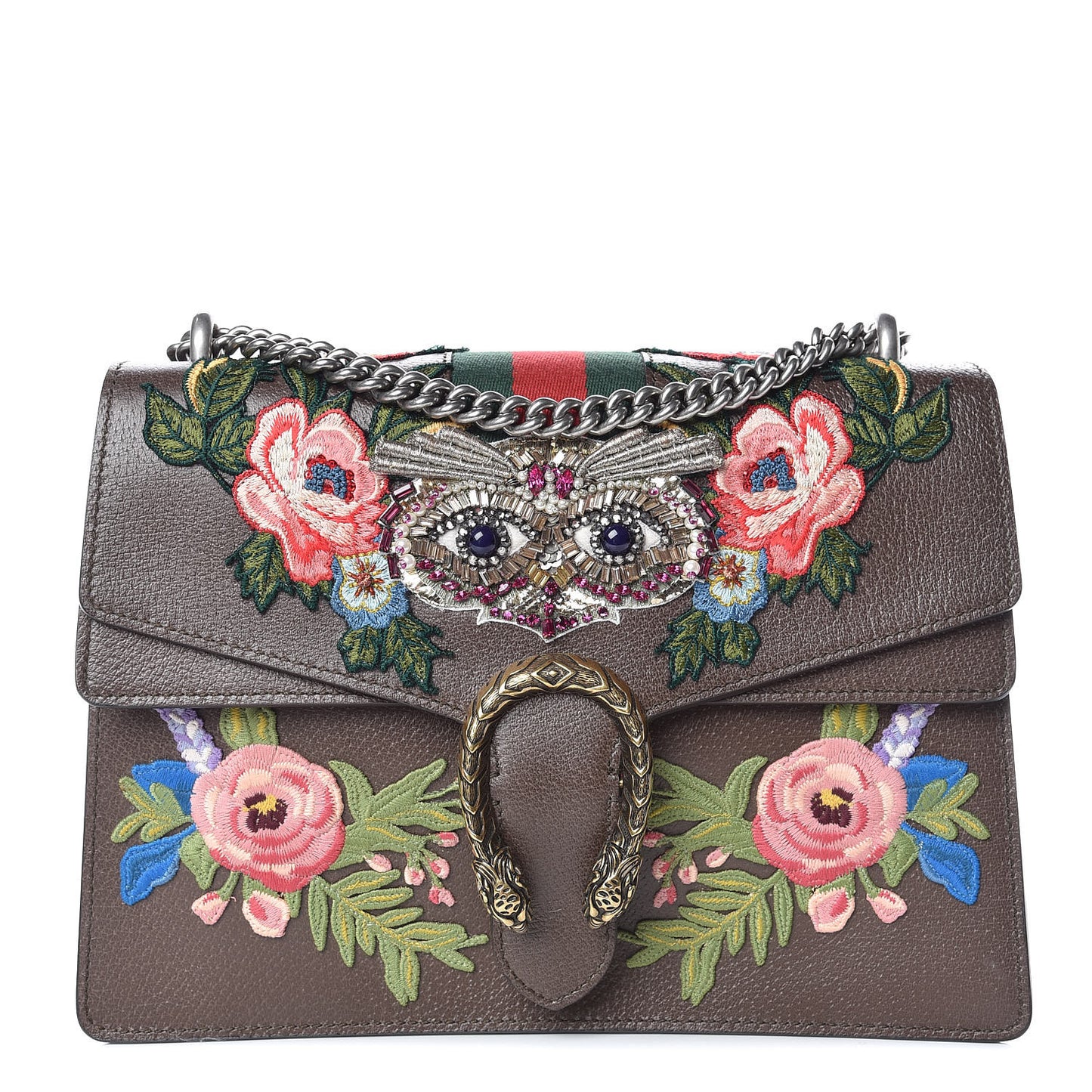 Calfskin Web Owl Embroidered Medium Dionysus Shoulder Bag New Acero Multicolor
