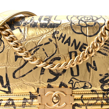 Chanel Metallic Calfskin Crocodile Embossed Graffiti Medium Cocodile Boy Flap Gold 8 of 10