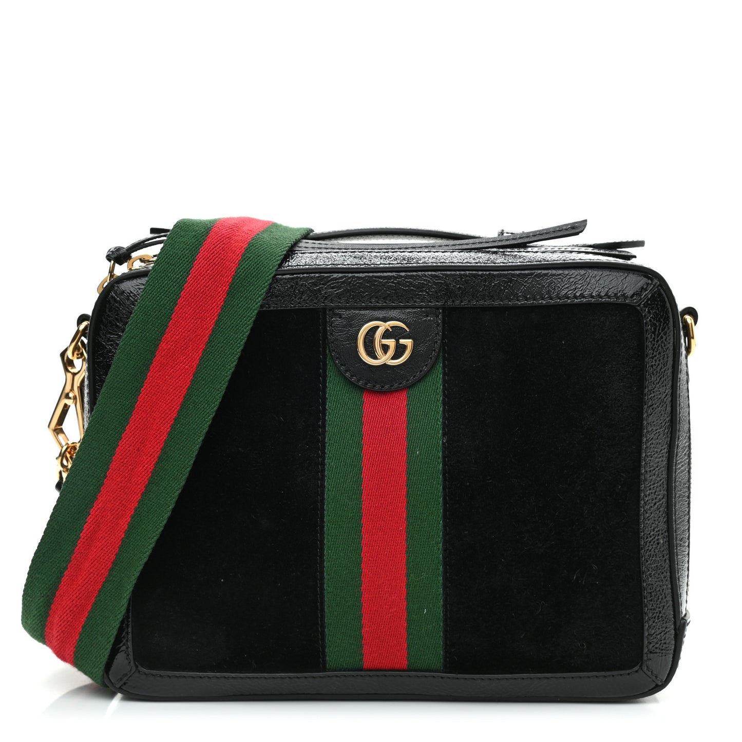 Suede Patent Web Small Ophidia Top Handle Shoulder Bag Black