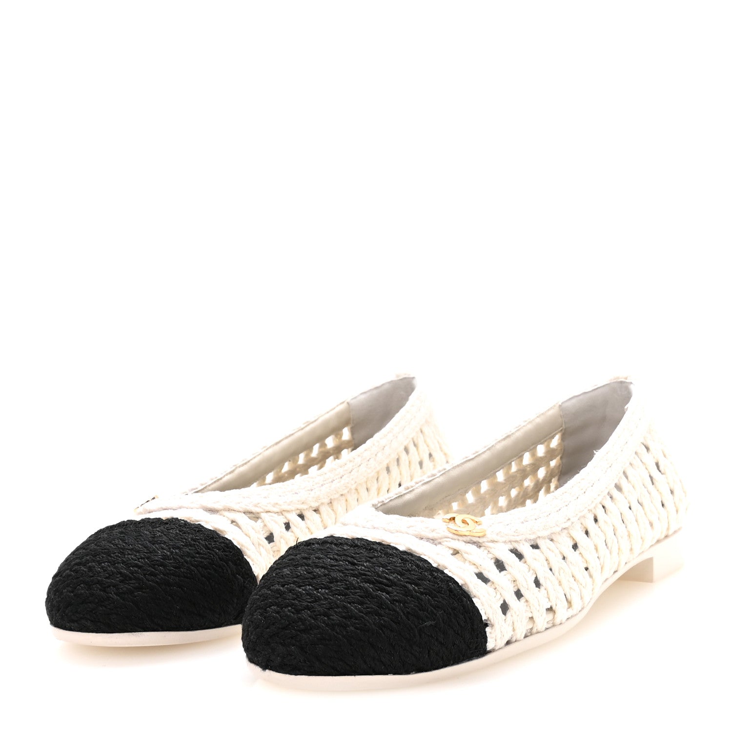 Chanel Mesh Crochet Cap Toe Ballerina Flats 39.5 White Black 4 of 8