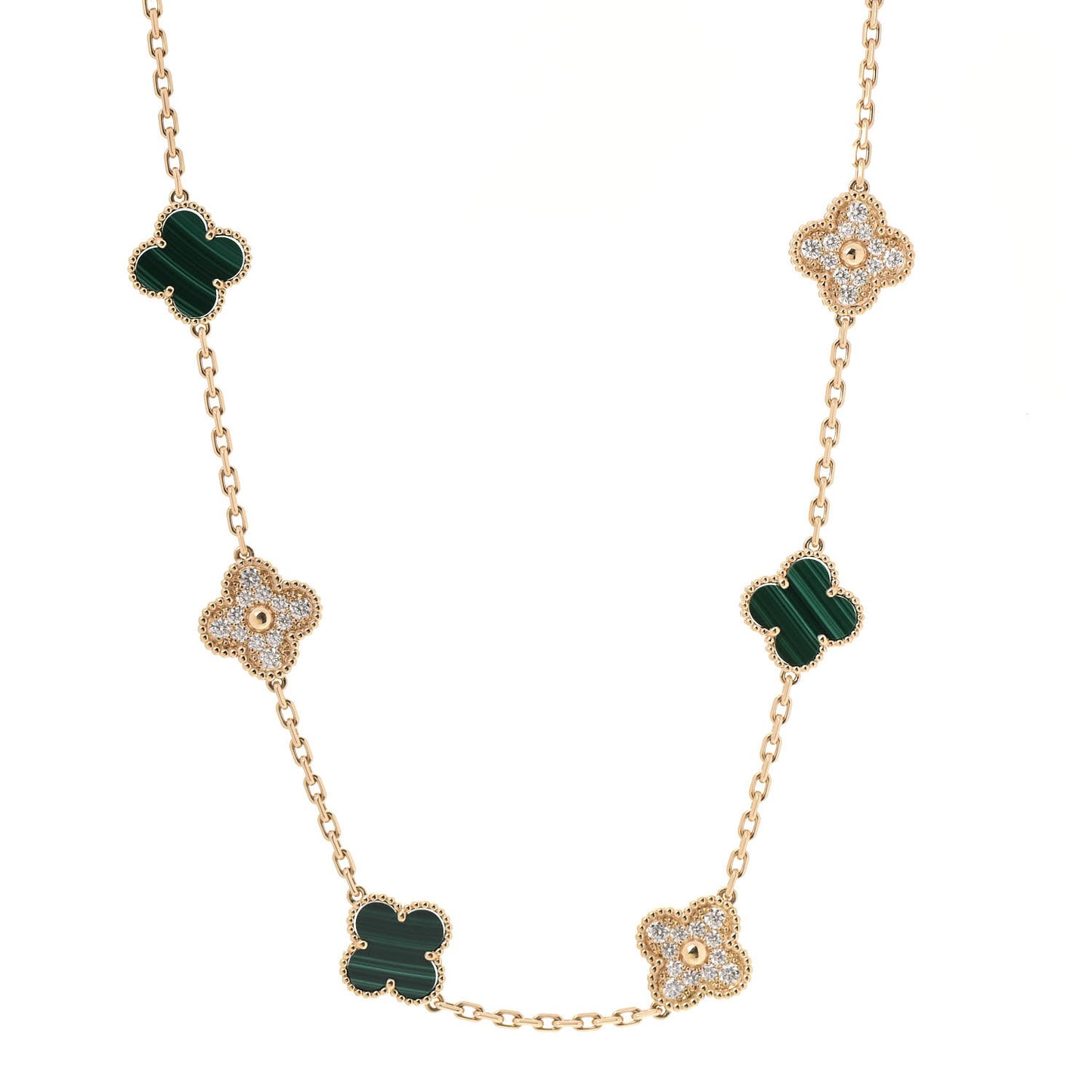 18K Yellow Gold Diamond Malachite 10 Motifs Vintage Alhambra Necklace
