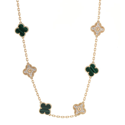 Van Cleef & Arpels 18K Yellow Gold Diamond Malachite 10 Motifs Vintage Alhambra Necklace 1 of 7