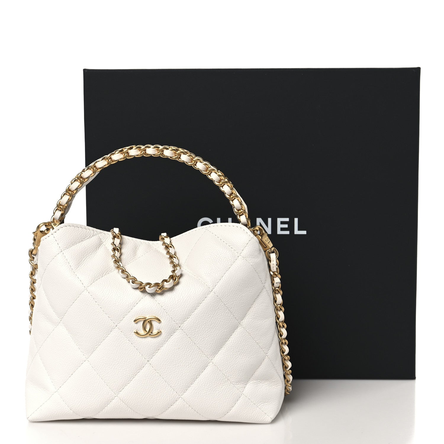 Chanel Caviar Quilted Top Handle Clutch With Chain White 1763084