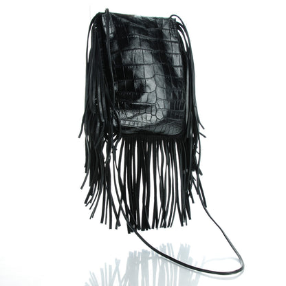 Saint Laurent Calfskin Crocodile Embossed Anita Tassed Crossbody Bag Black 3 of 7