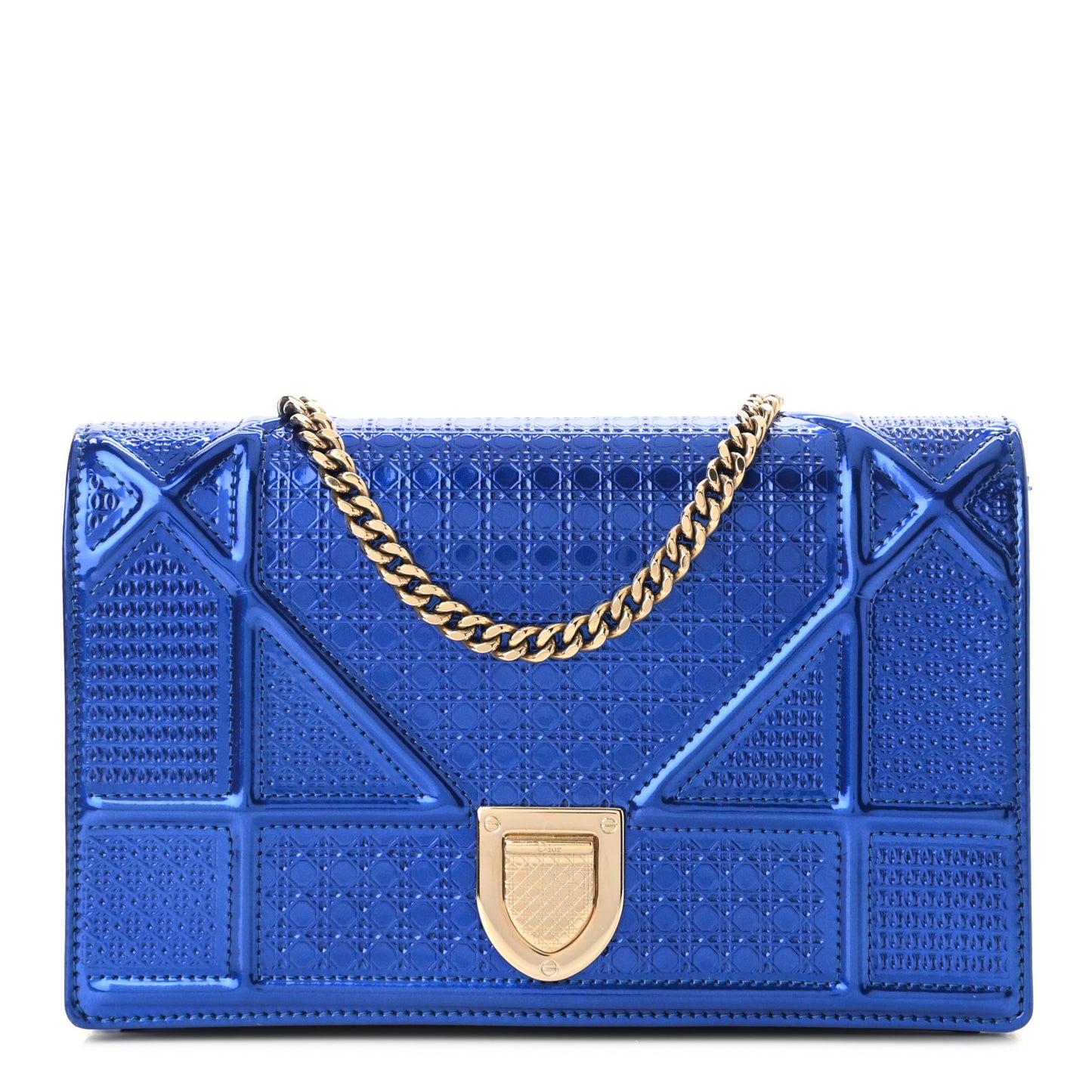 Metallic Patent Micro-Cannage Diorama Wallet on Chain Pouch Mirror Blue