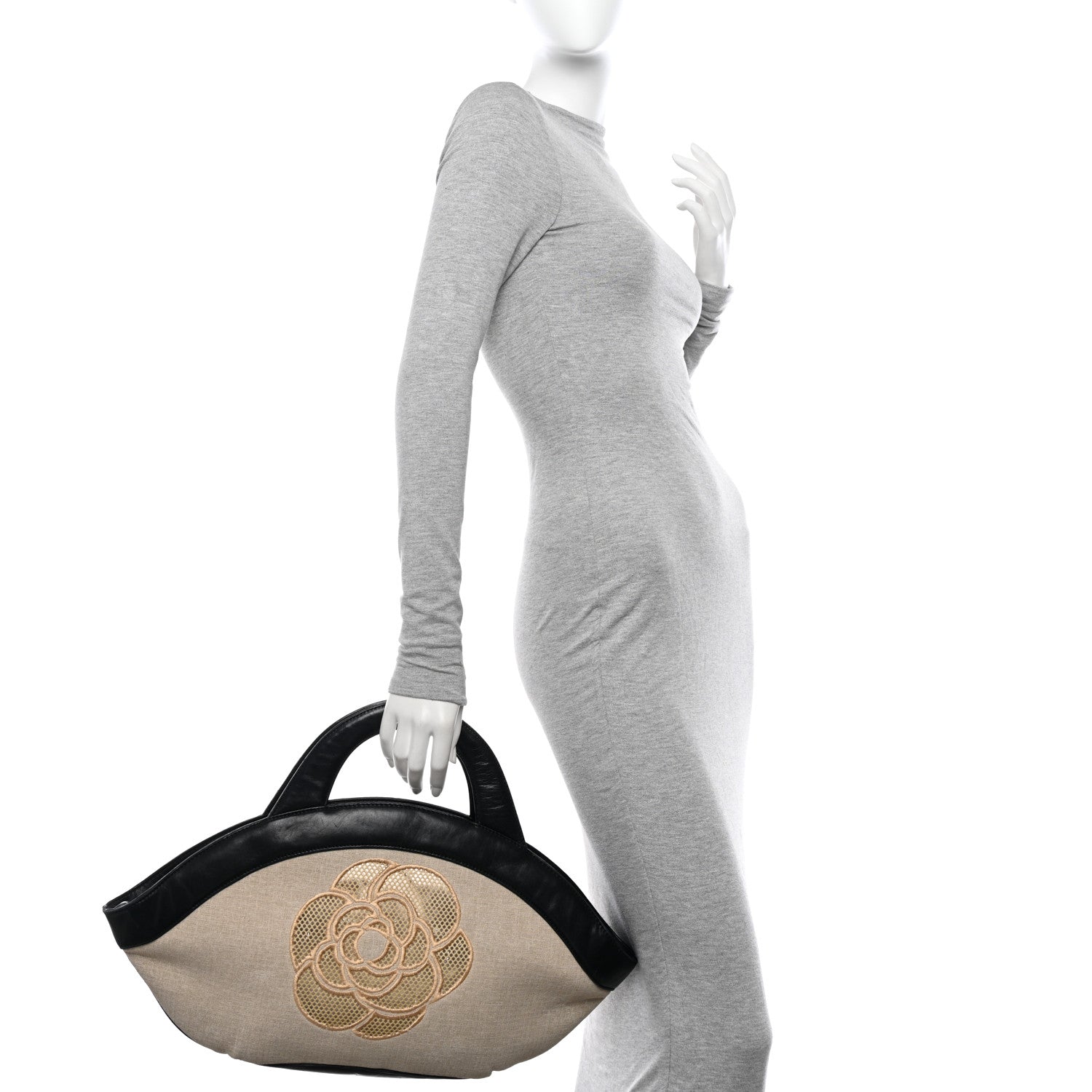 Chanel Linen Lambskin Mesh Camellia CC Tote Beige Black 2 of 18