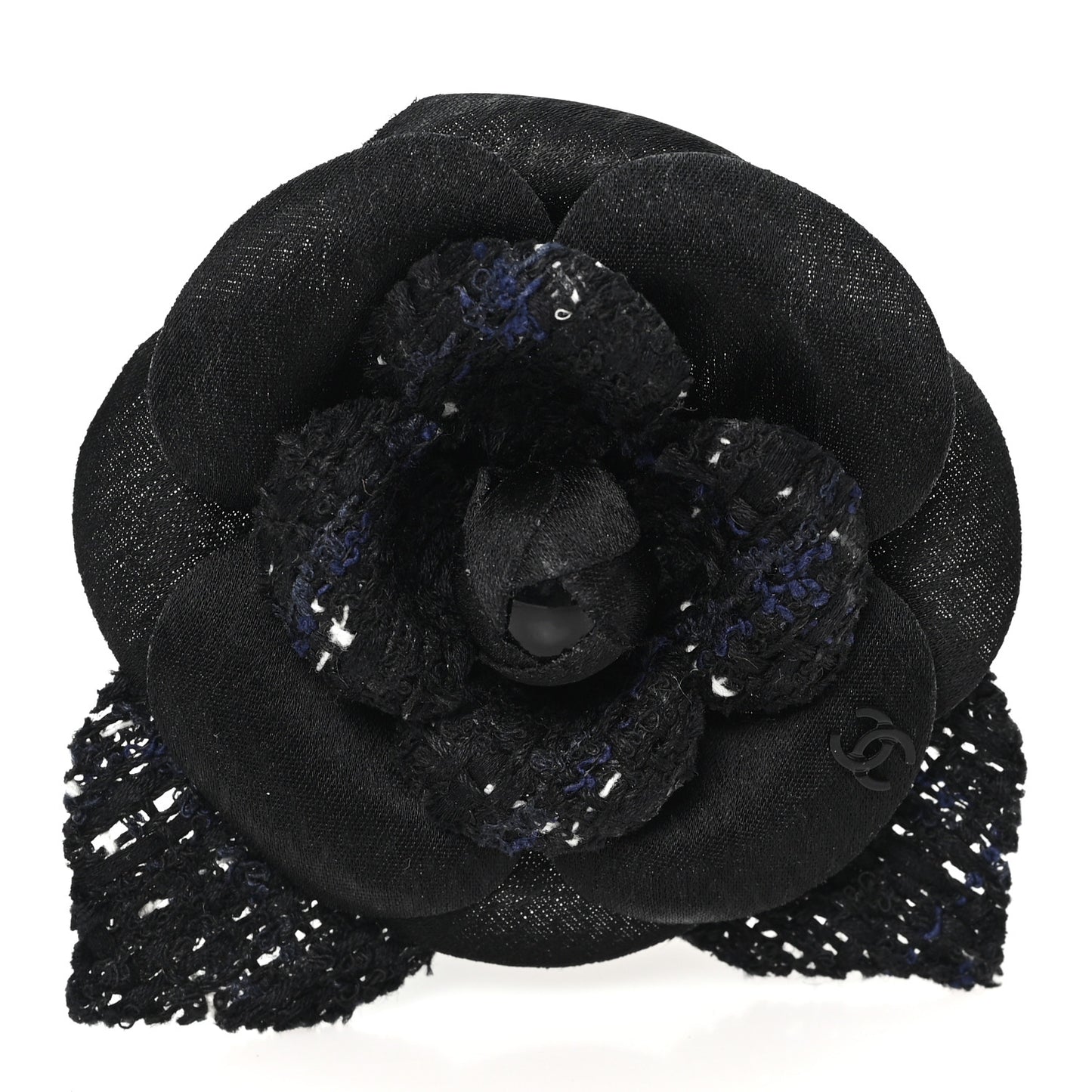 Tweed Fabric Camellia Pin Brooch Black