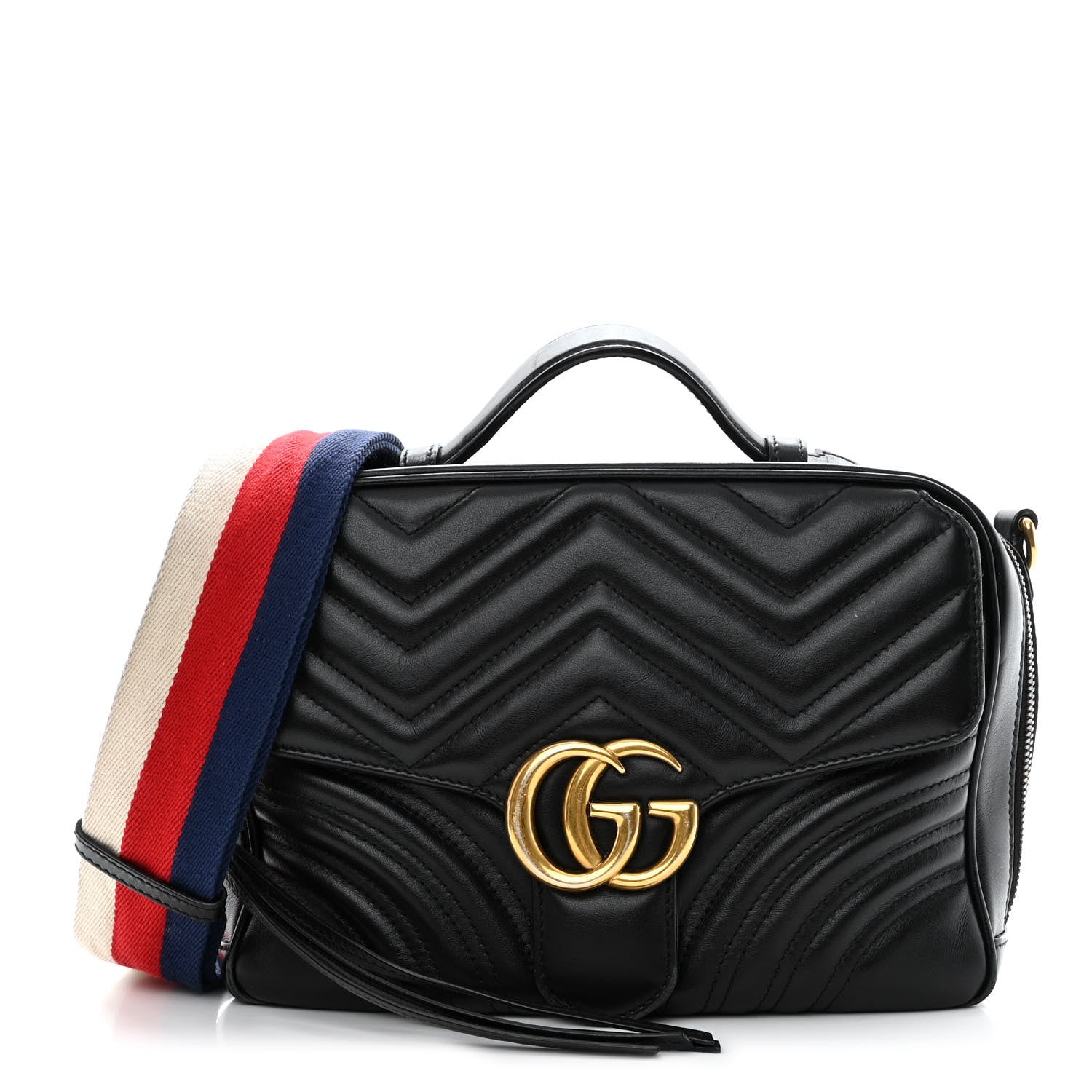 Gucci Calfskin Matelasse Sylvie Web Small GG Marmont Top Handle Shoulder Bag Black 1 of 10
