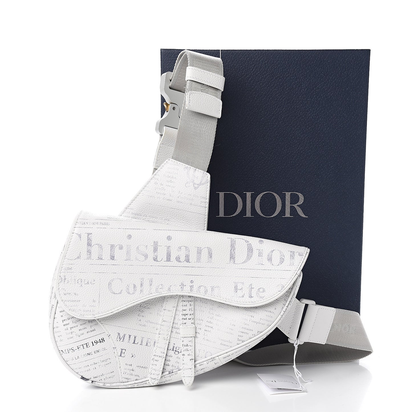 X DANIEL ARSHAM Grained Calfskin Newspaper Print Saddle Bag White