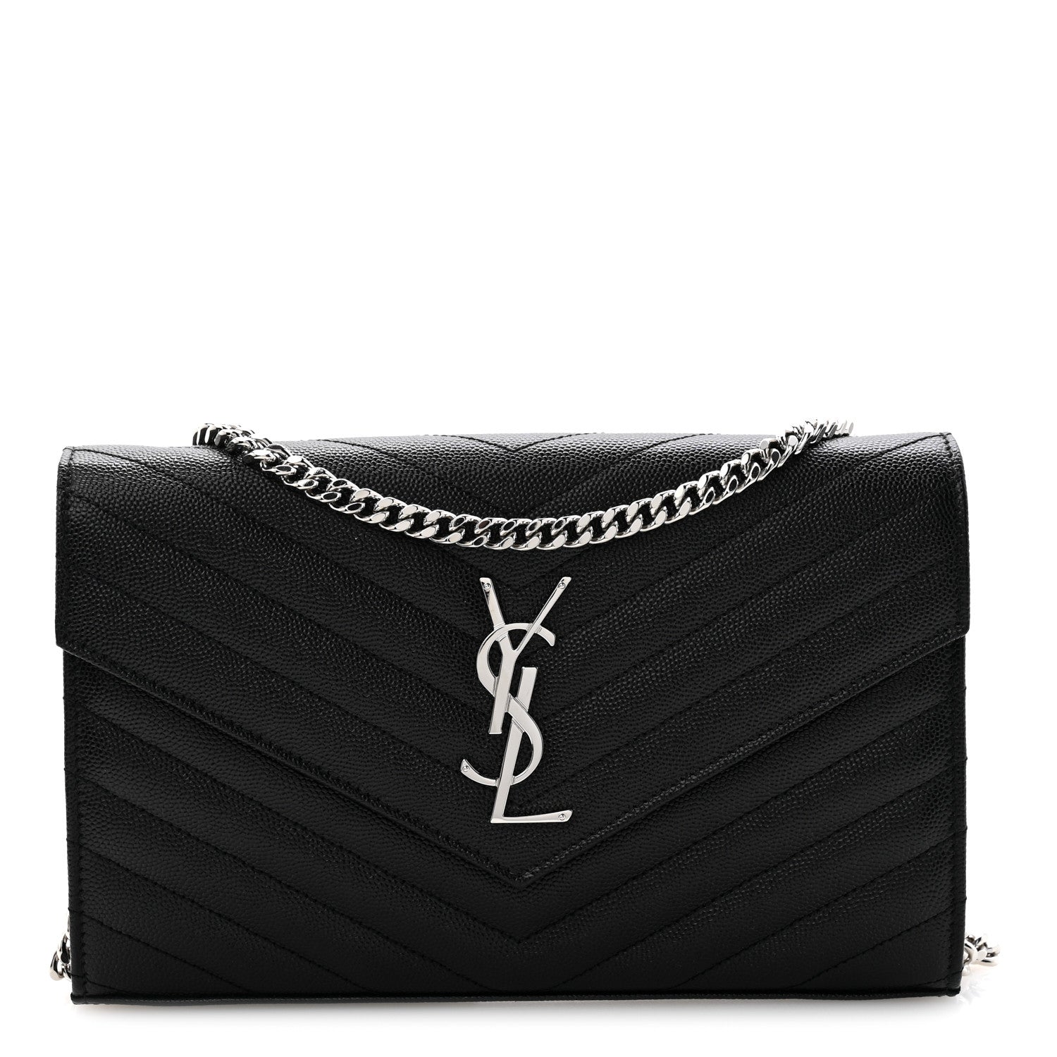 Saint Laurent Grain De Poudre Matelasse Chevron Monogram Chain Wallet Black Black 1 of 12