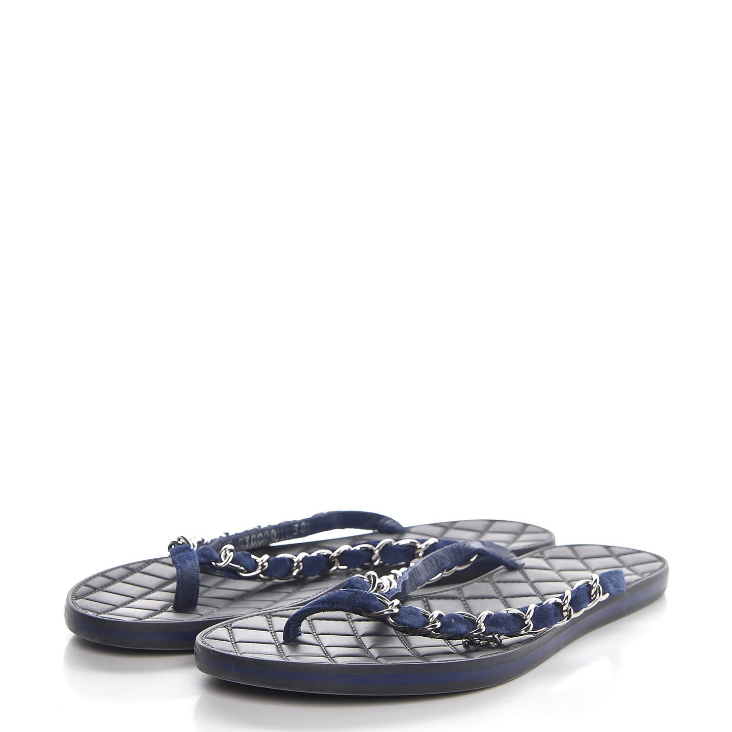 Suede Calfskin Quilted Chain Thong Sandals 38 Navy Blue