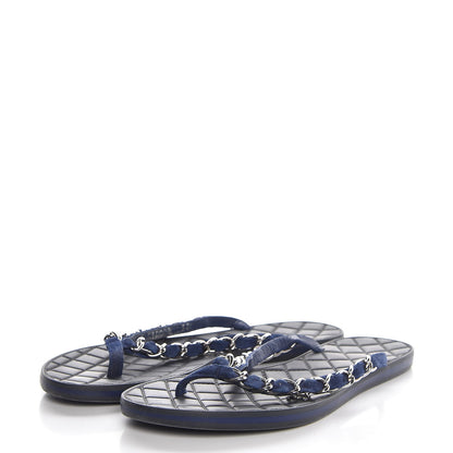 Chanel Suede Calfskin Quilted Chain Thong Sandals 38 Navy Blue 3 of 9